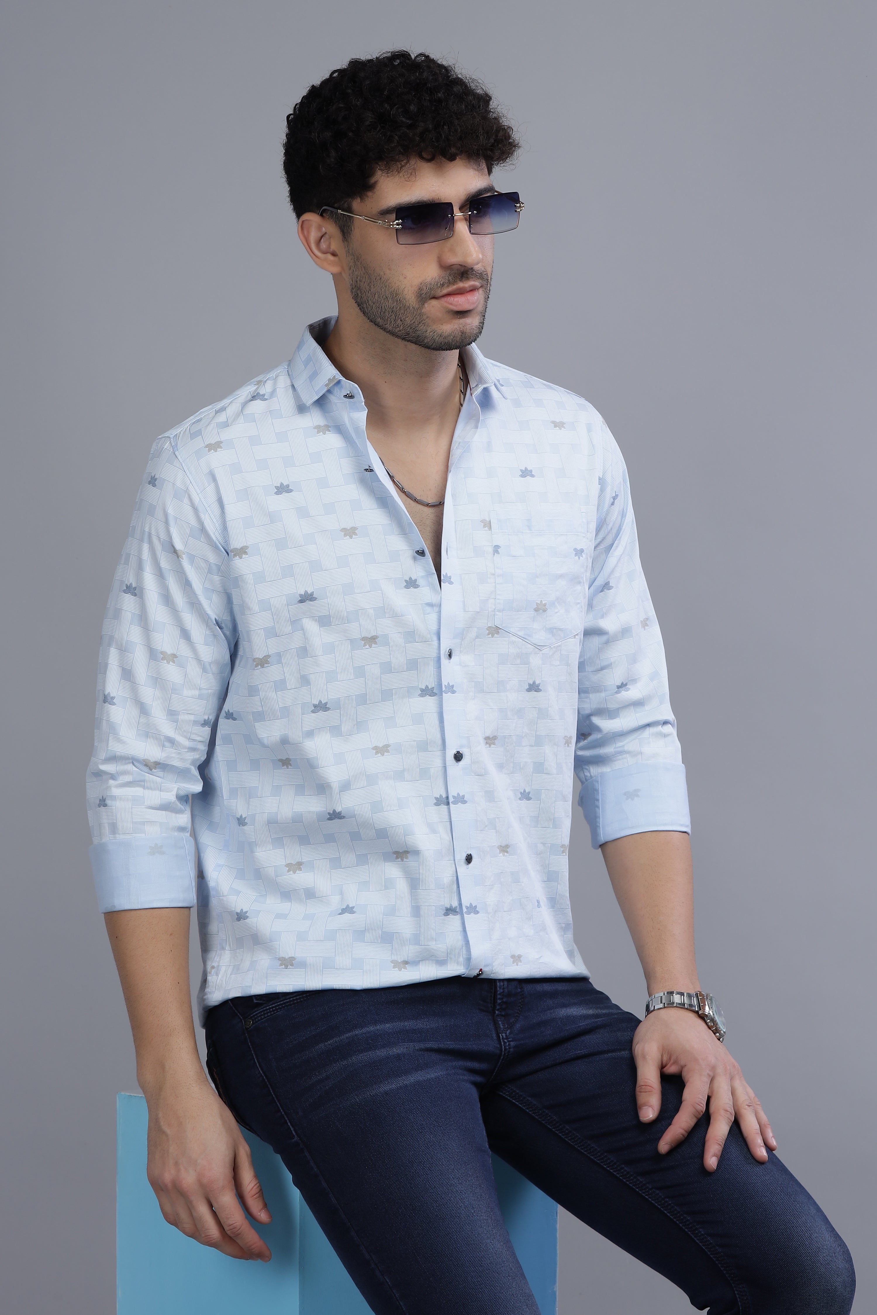 Slim Fit Flower Blocks Printed Blue Shirt