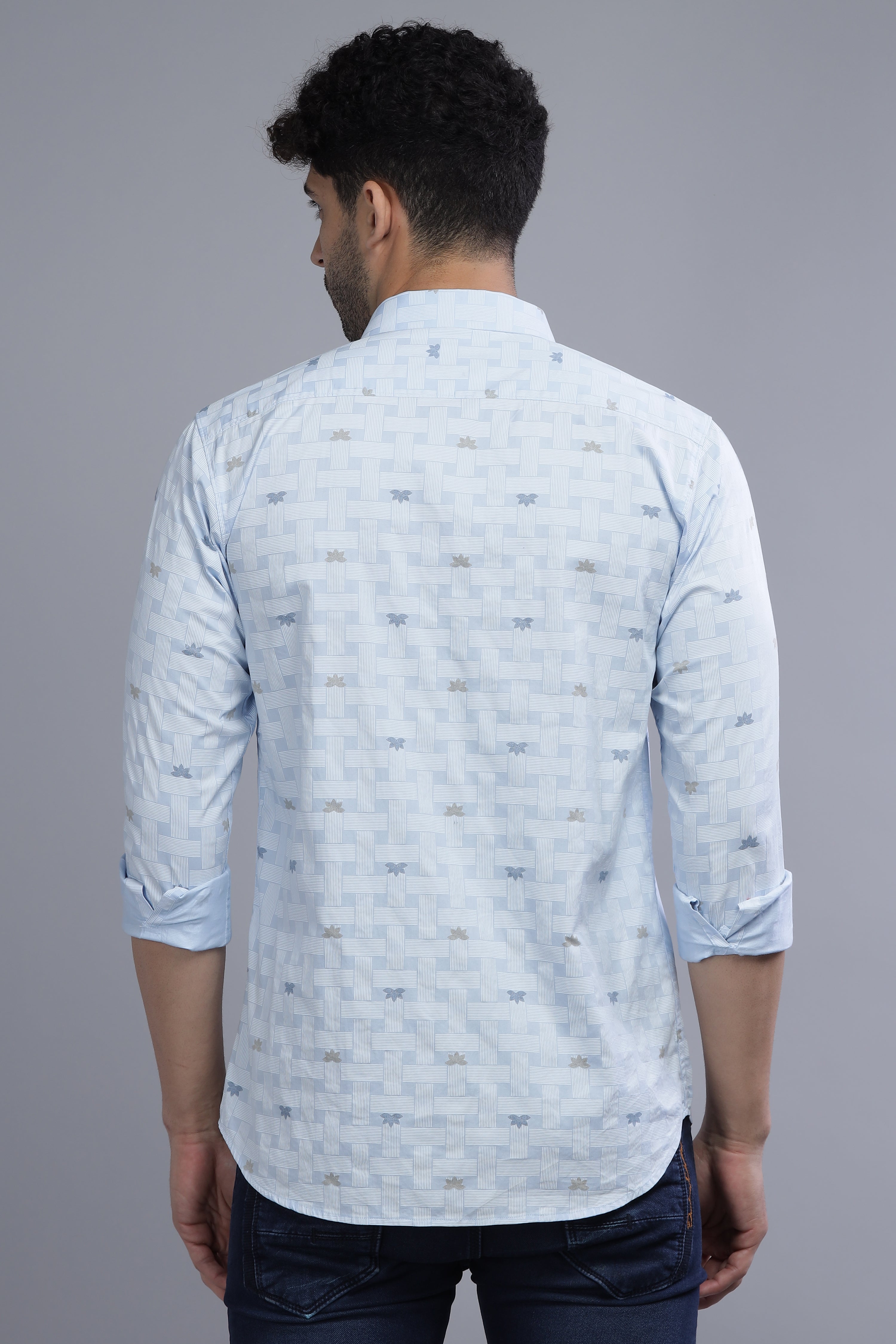 Slim Fit Flower Blocks Printed Blue Shirt