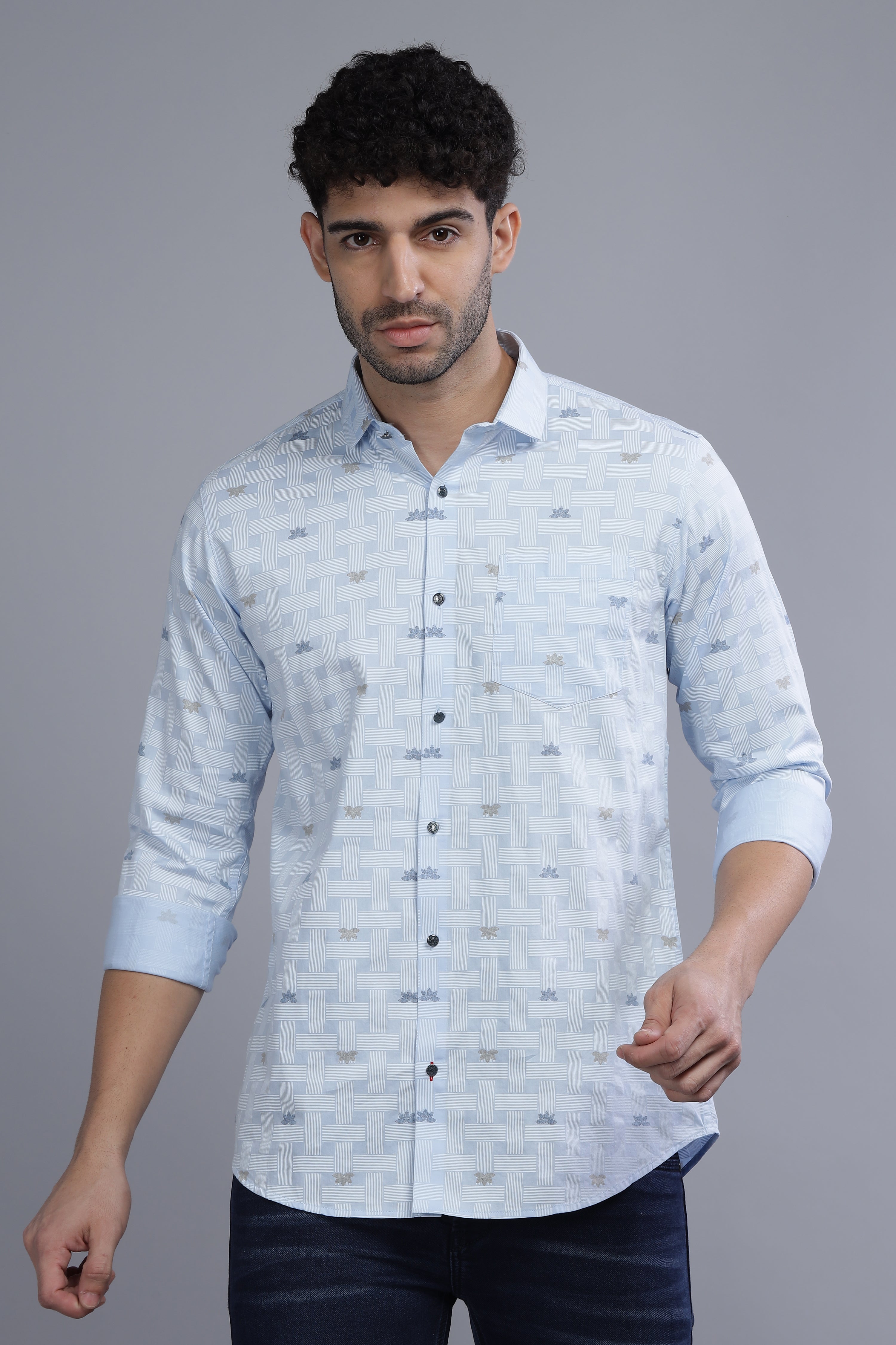 Slim Fit Flower Blocks Printed Blue Shirt