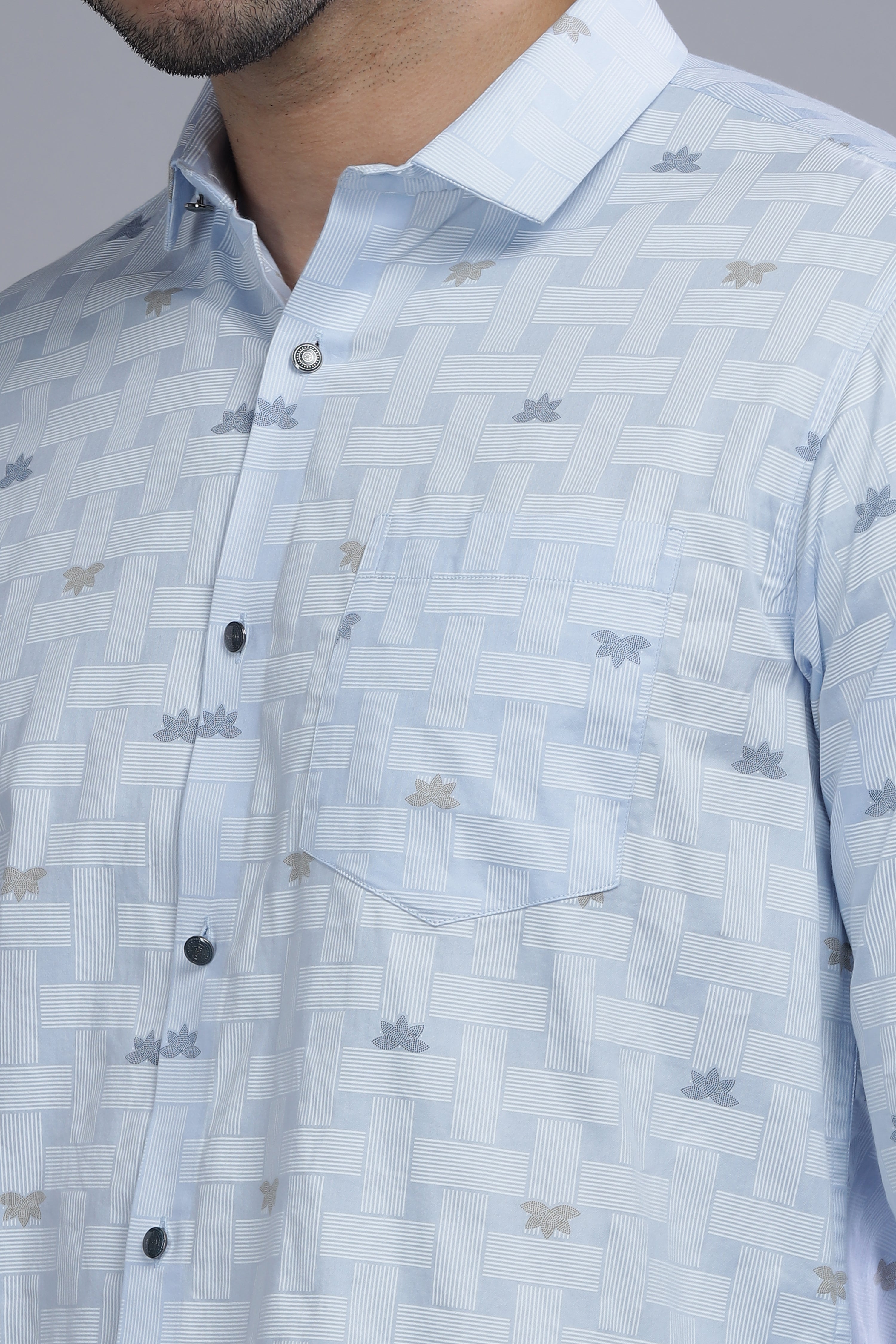 Slim Fit Flower Blocks Printed Blue Shirt