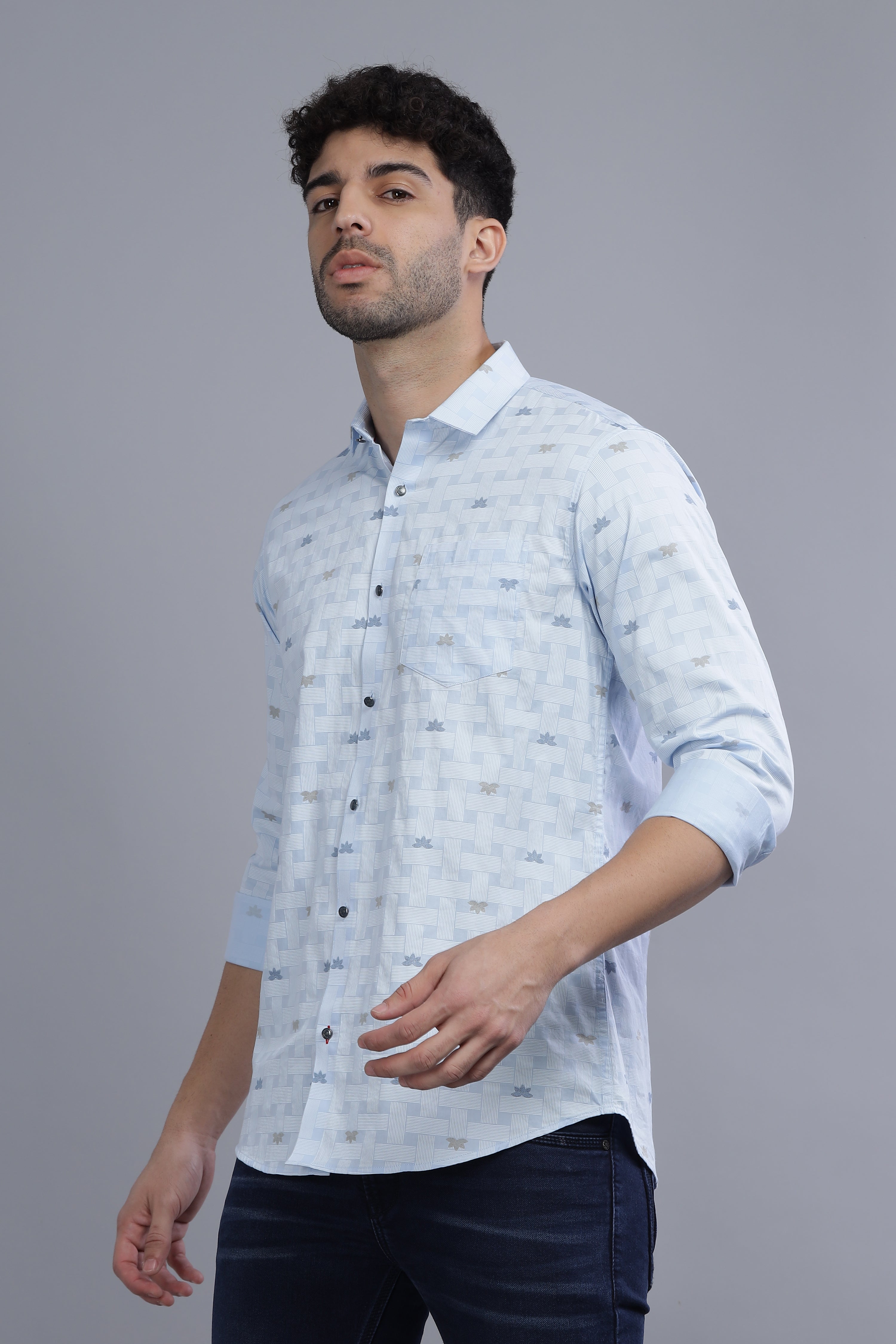 Slim Fit Flower Blocks Printed Blue Shirt