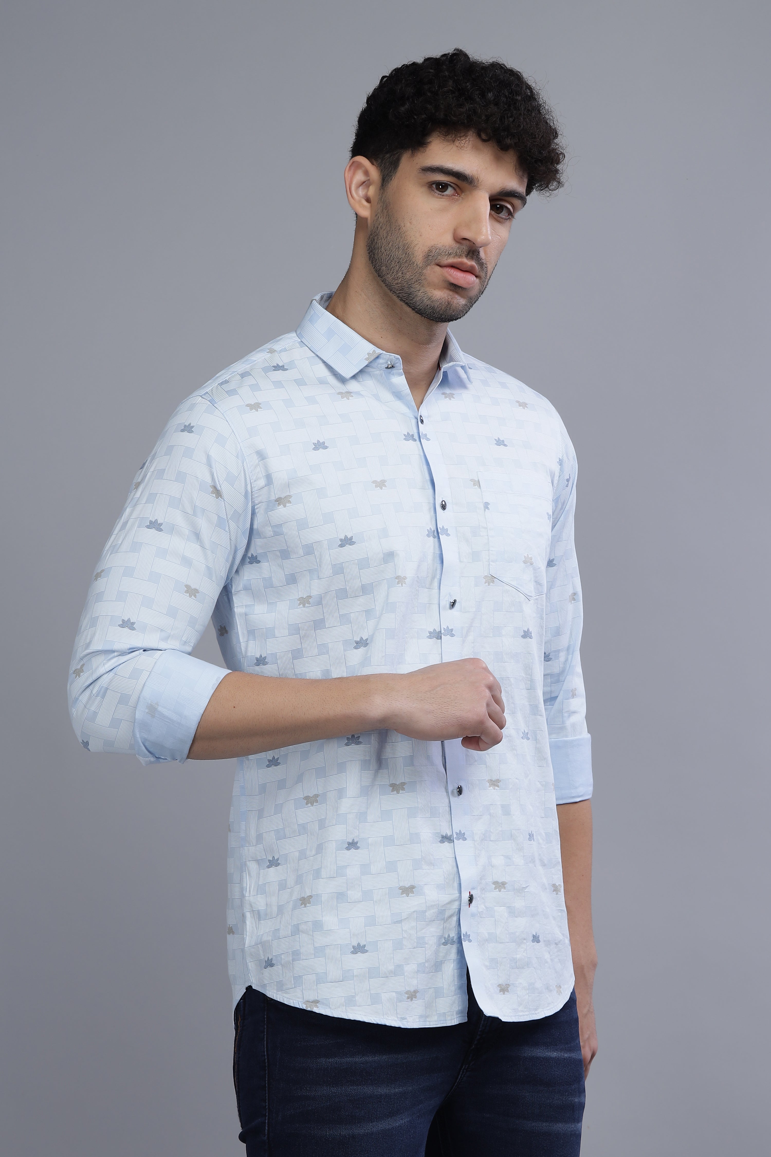 Slim Fit Flower Blocks Printed Blue Shirt