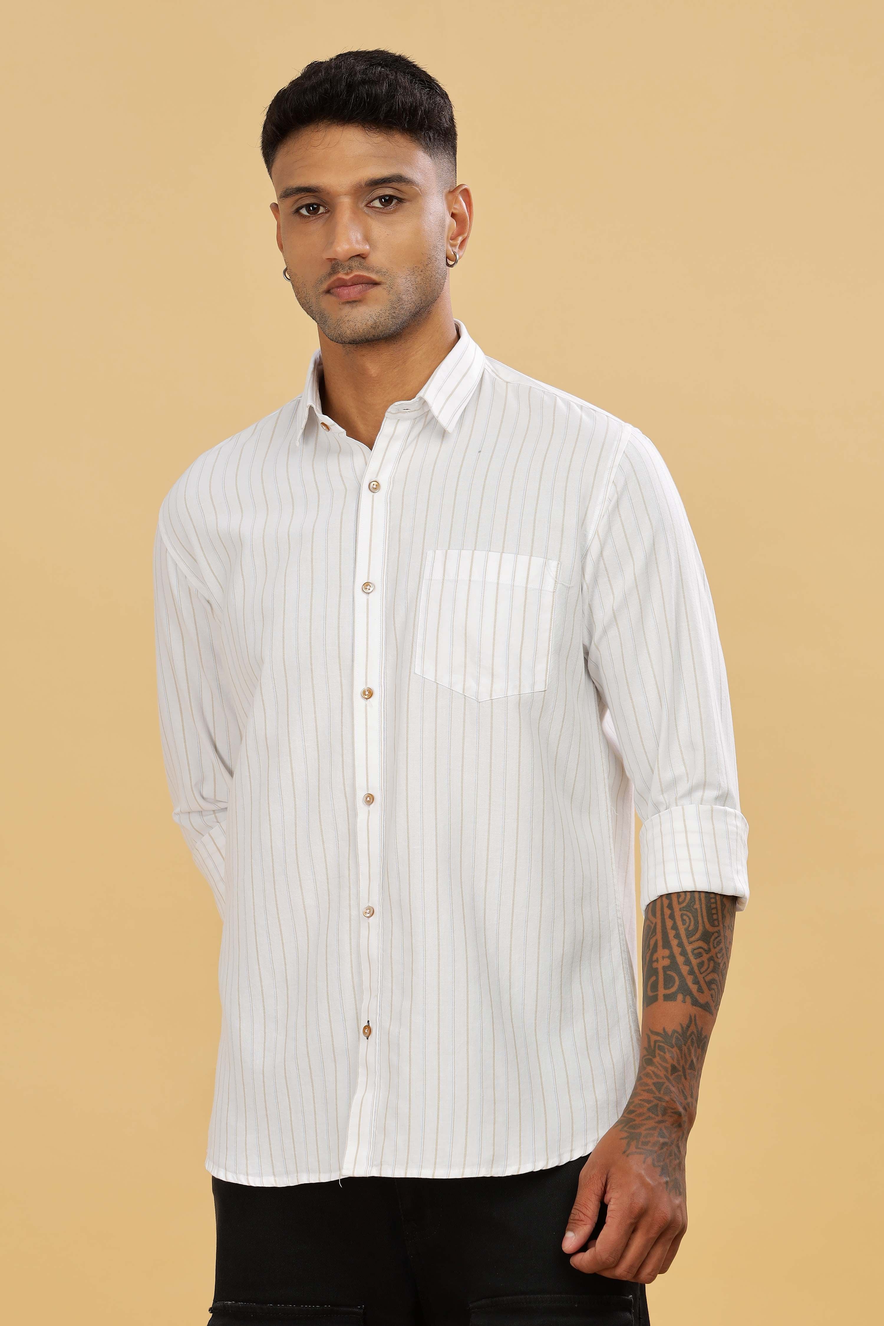 White Cotton Slim Fit Stripped Shirt