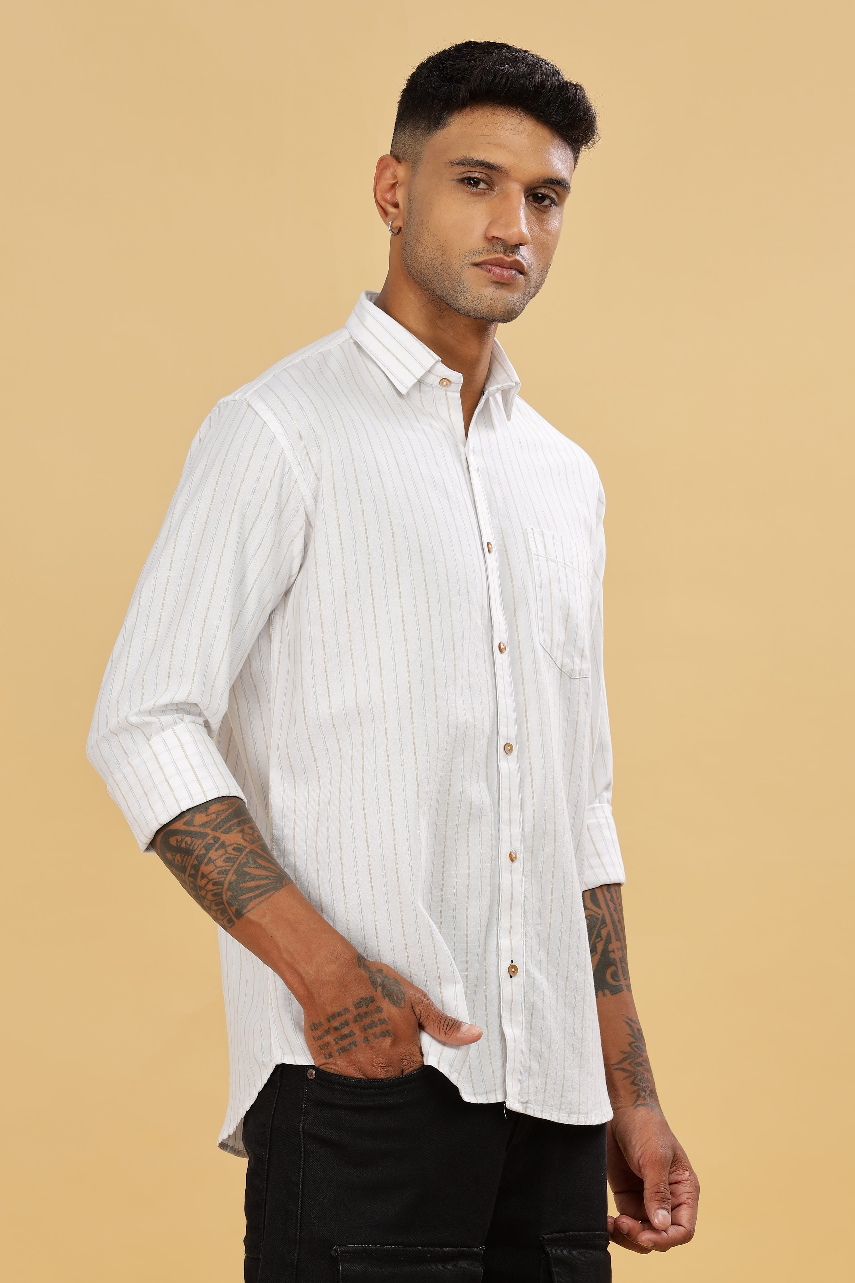 White Cotton Slim Fit Stripped Shirt