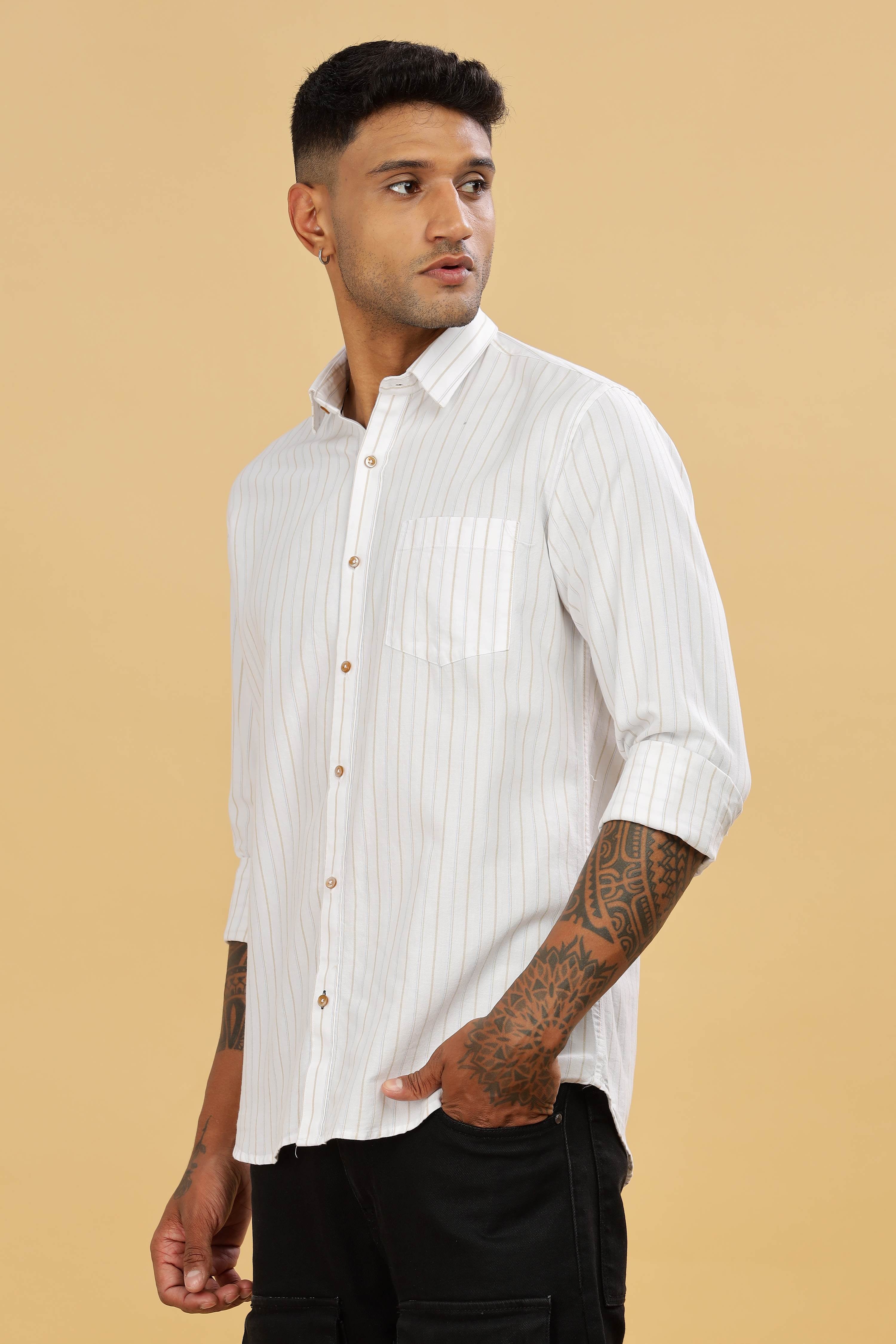 White Cotton Slim Fit Stripped Shirt