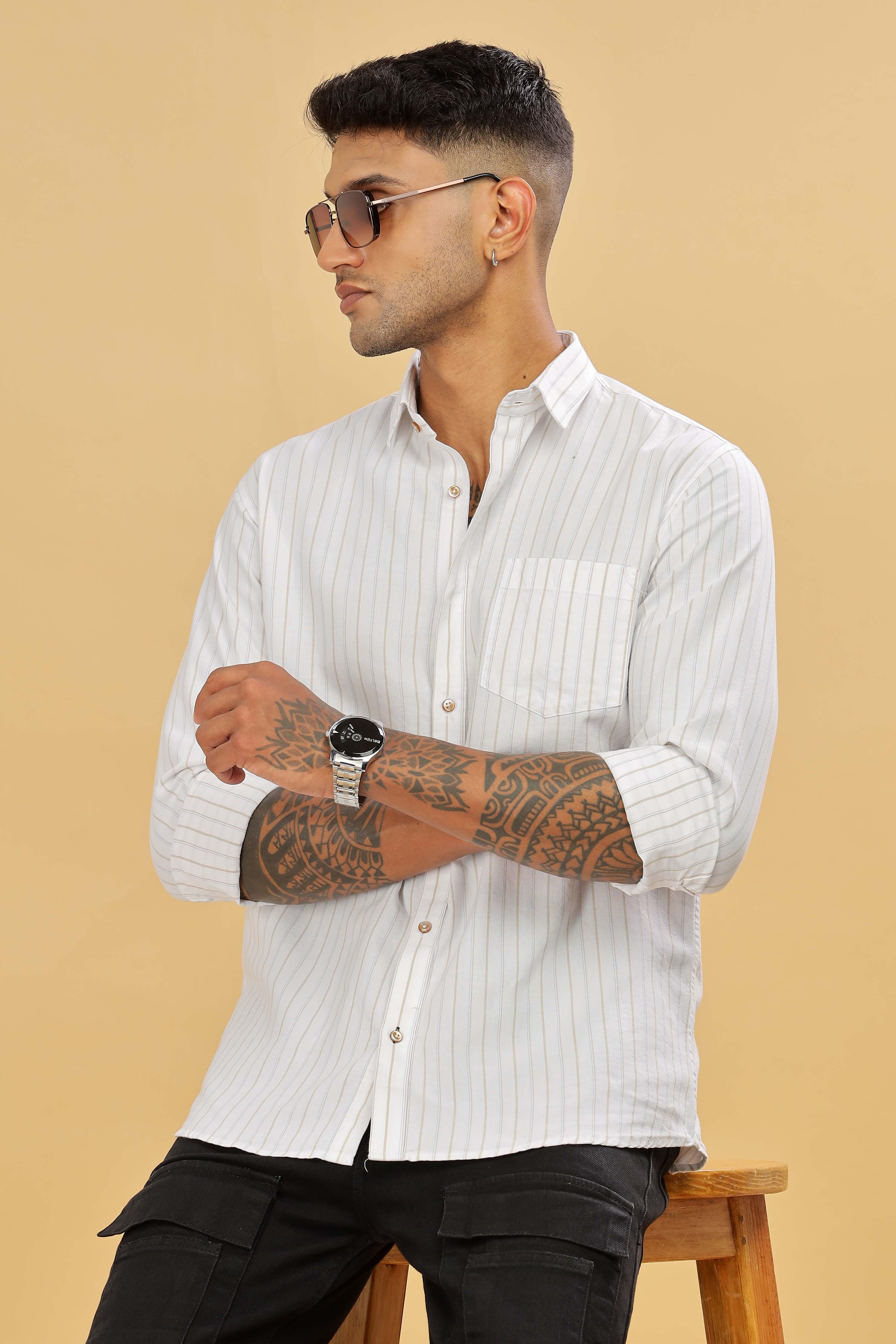 White Cotton Slim Fit Stripped Shirt