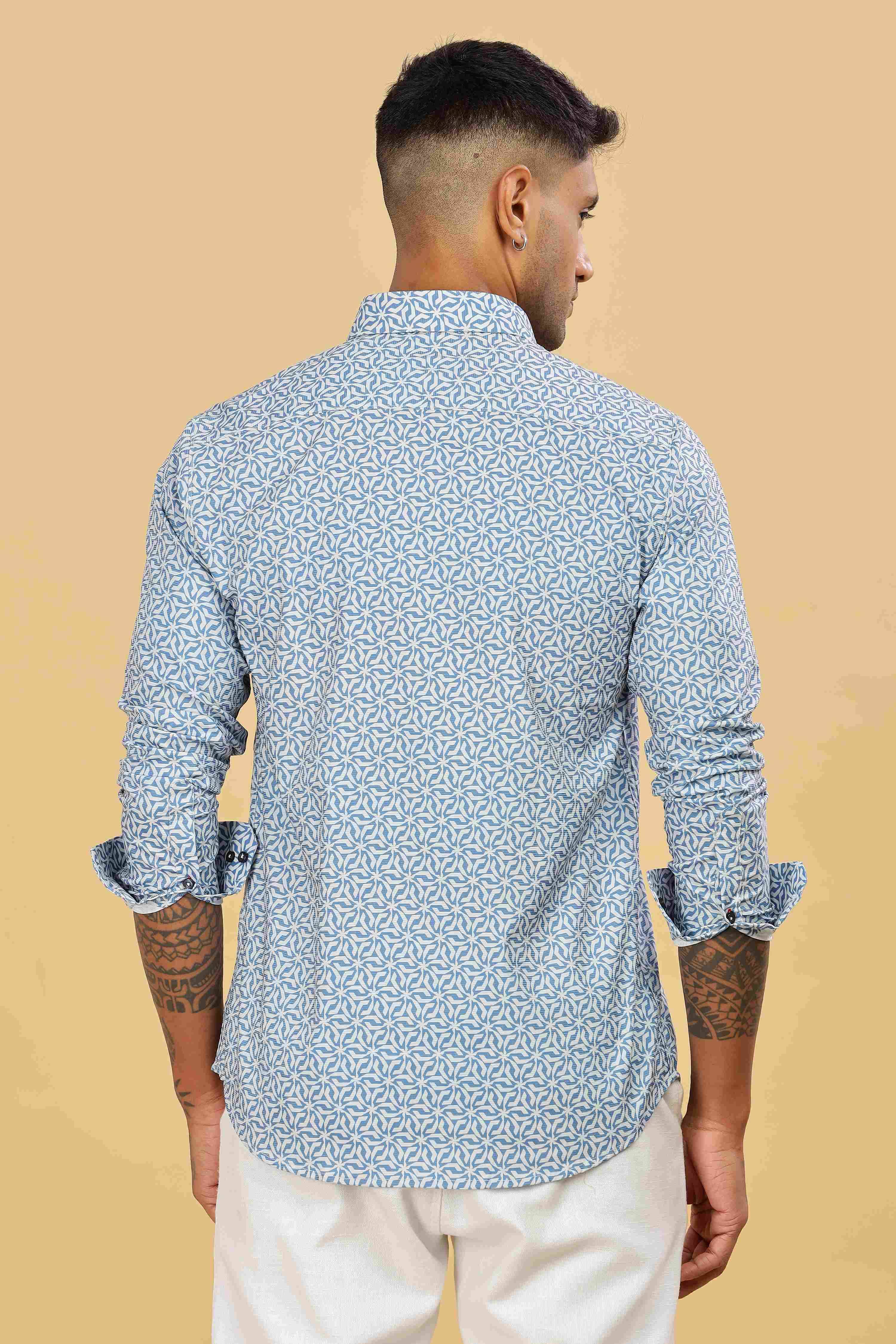 Men's Blue Casual Printed Cotton Shirt