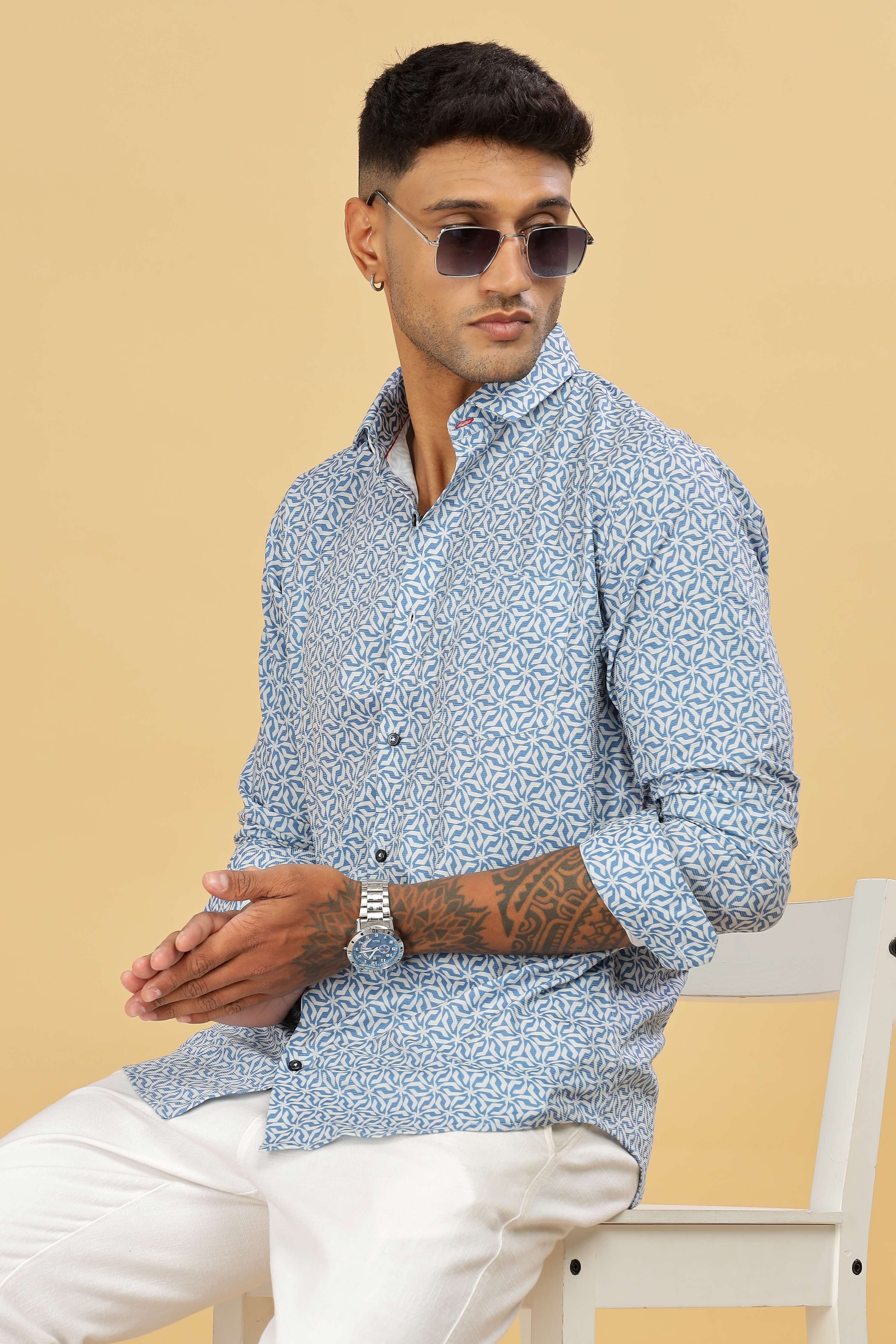 Men's Blue Casual Printed Cotton Shirt