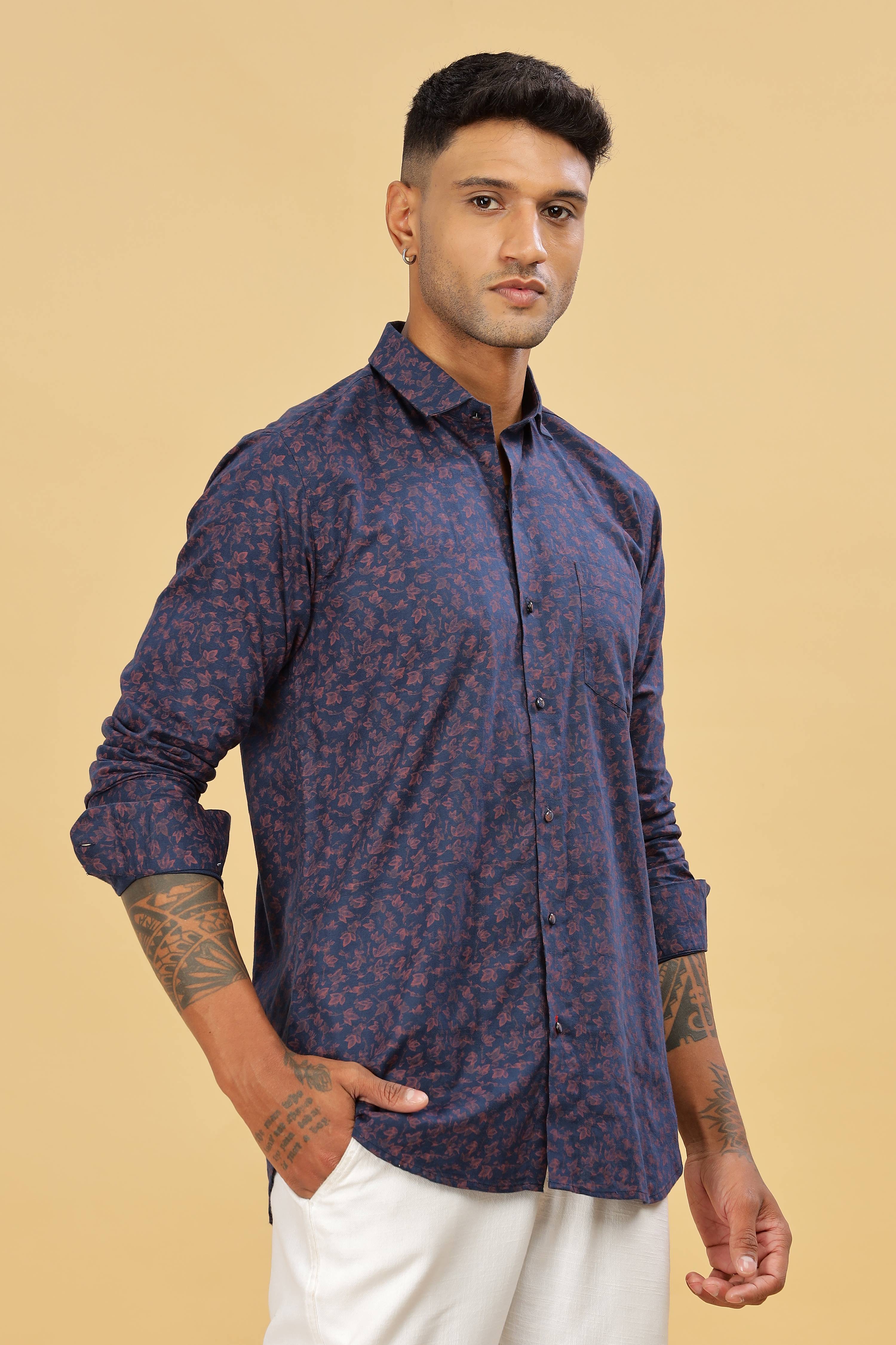 Men's Floral Printed Navy Shirt