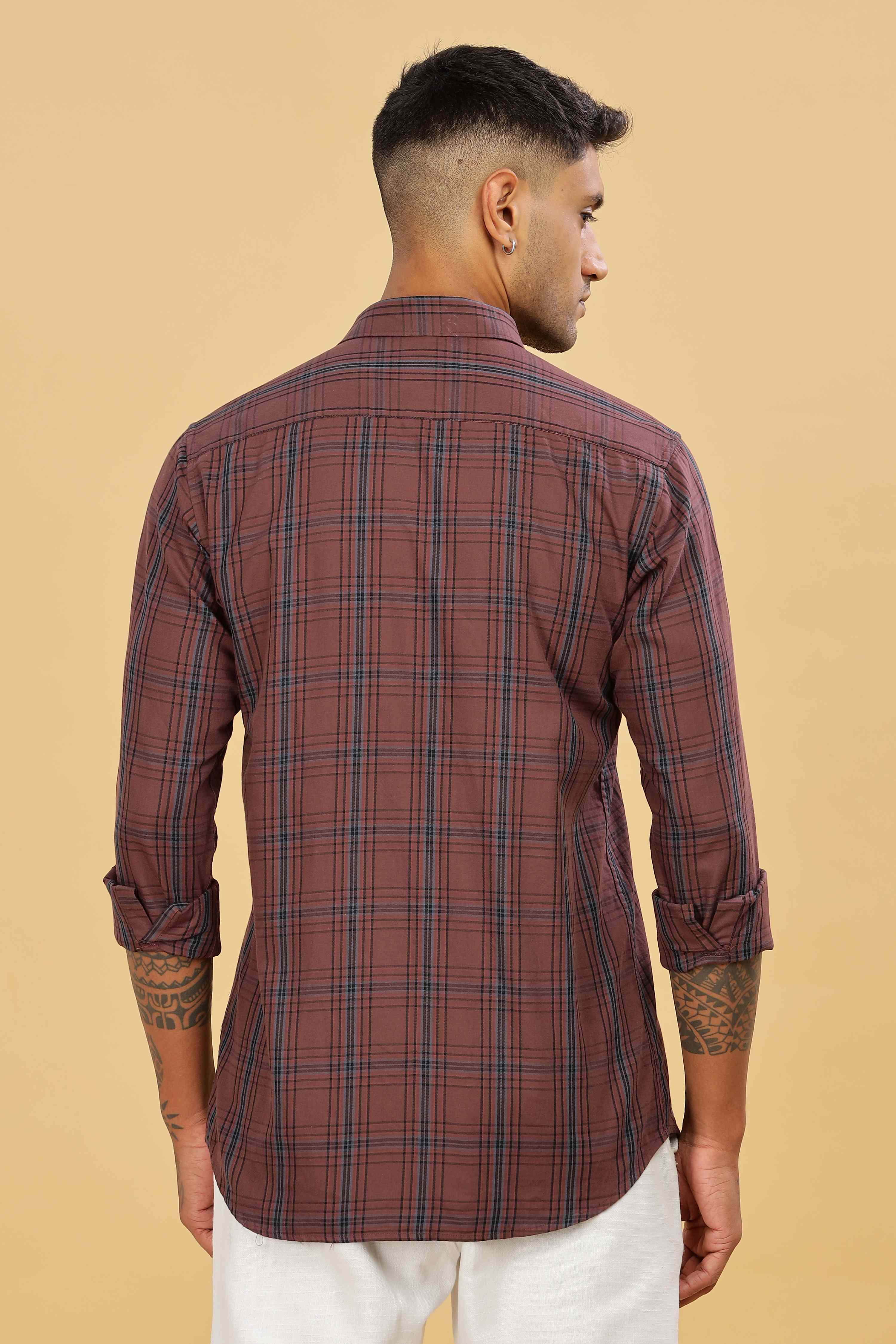 Men's Checkered Casual Cotton Maroon Shirt