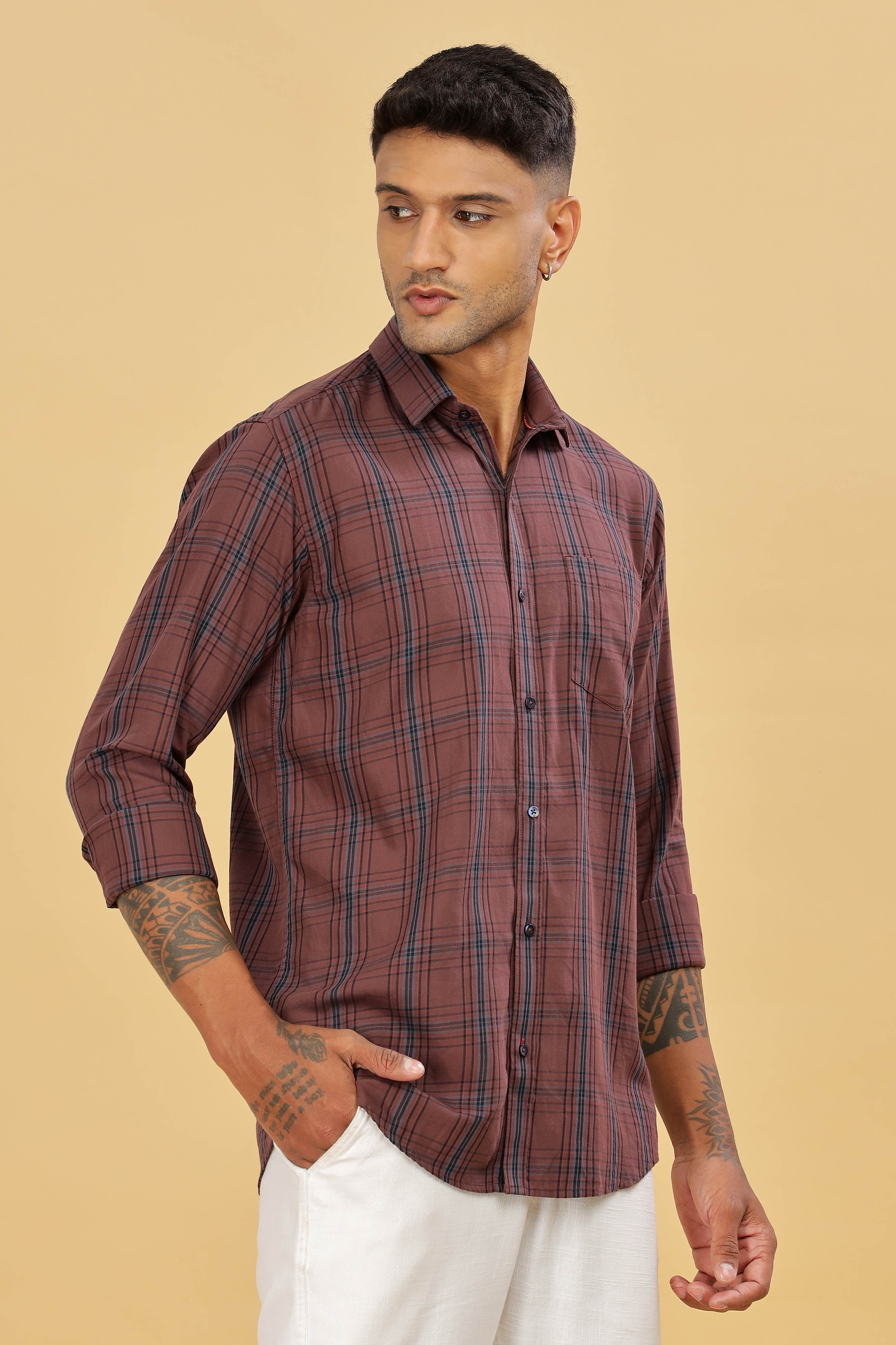 Men's Checkered Casual Cotton Maroon Shirt