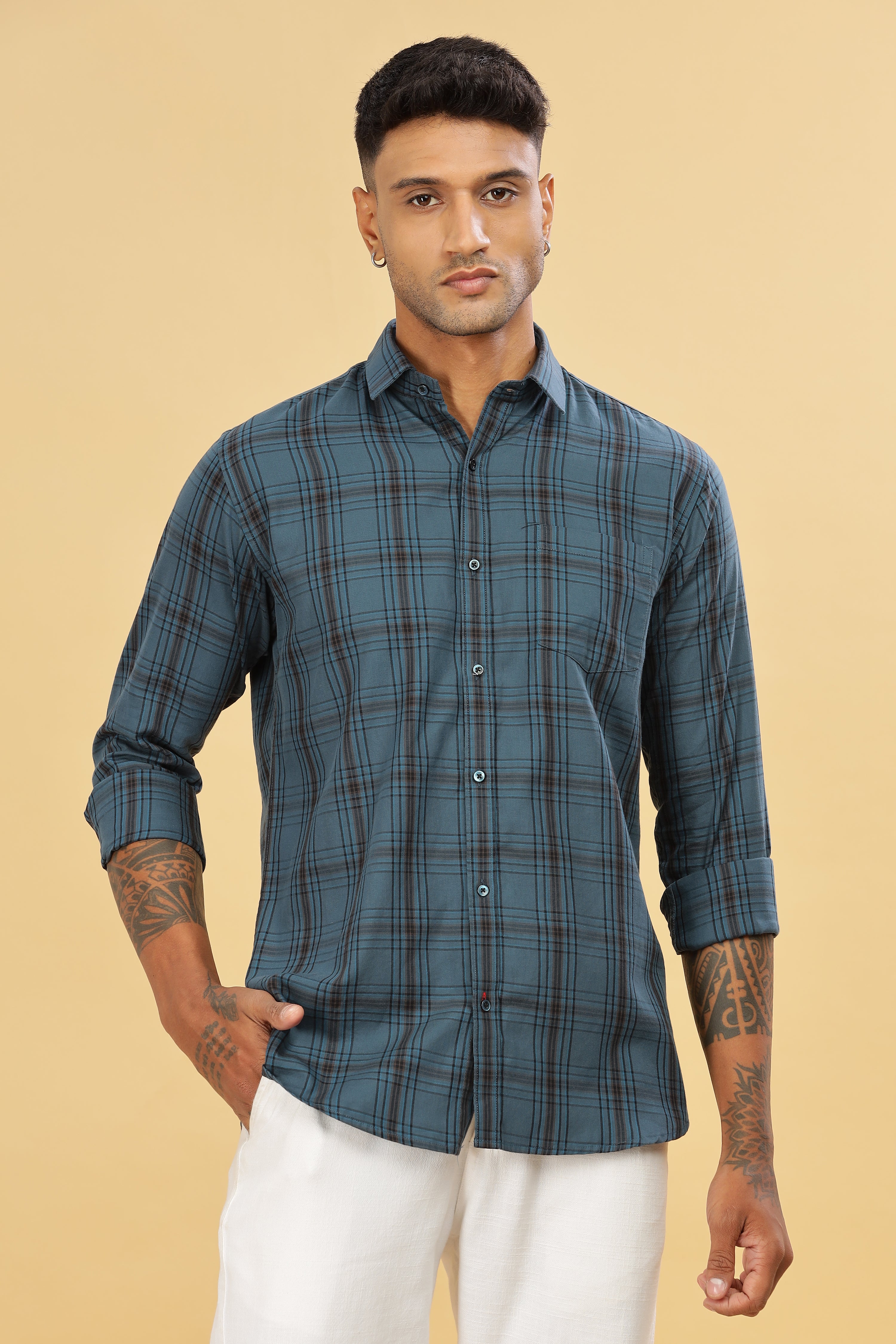 Green Slim Fit Checks Shirt For Men