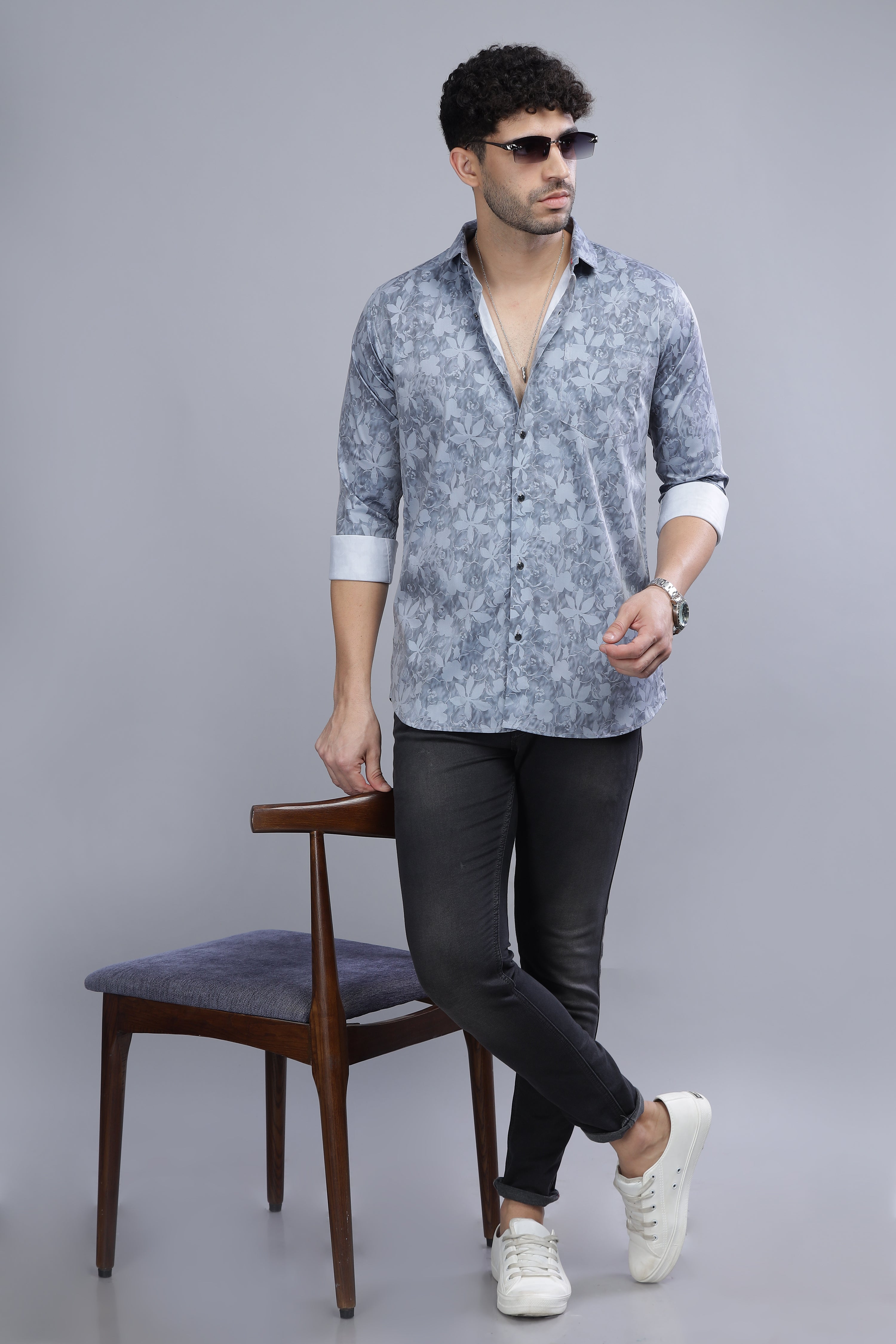 Flower Leaf Blue Shirt