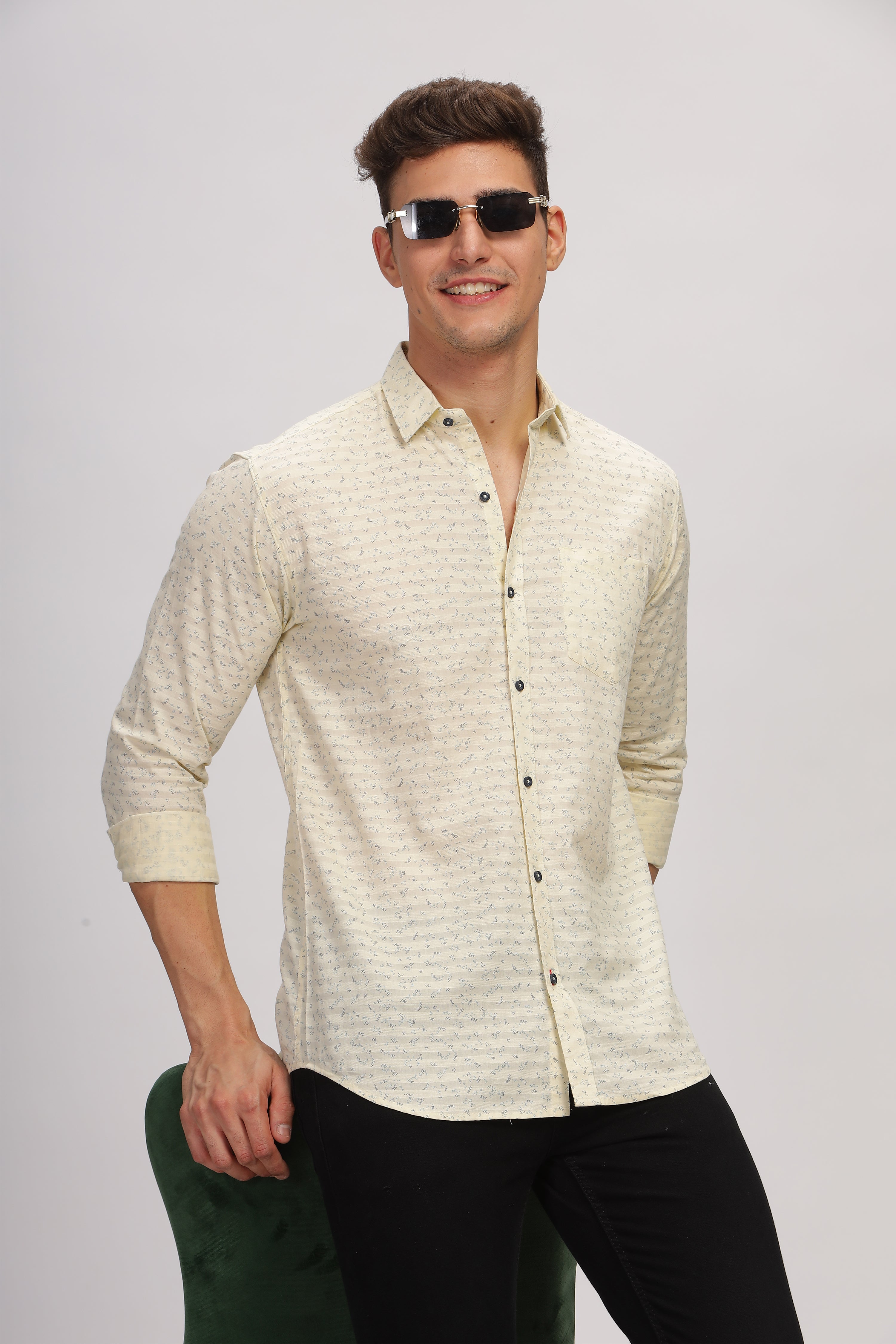 Light Beige Slim Fit Printed Shirt