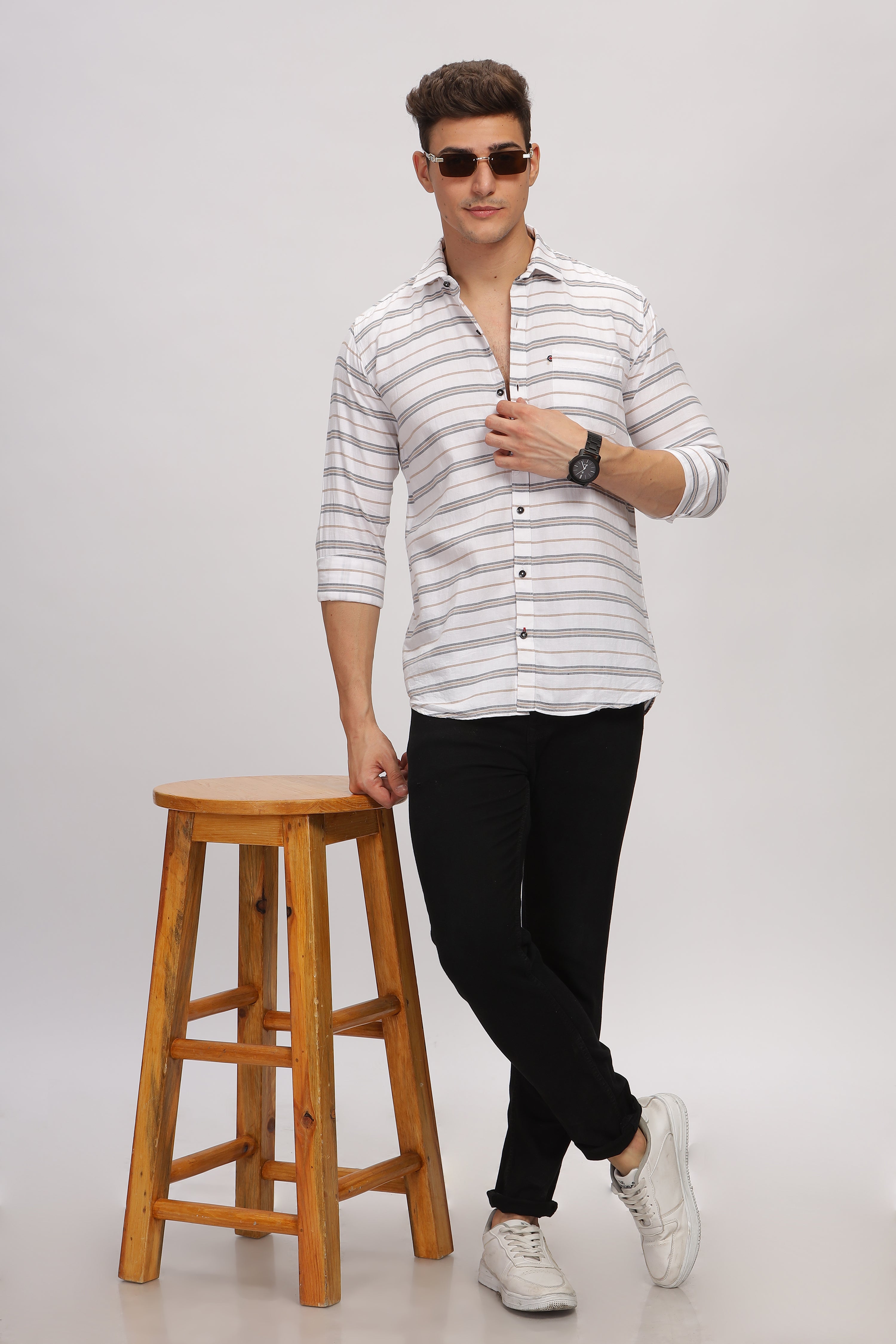 Horizontally Striped White Shirt