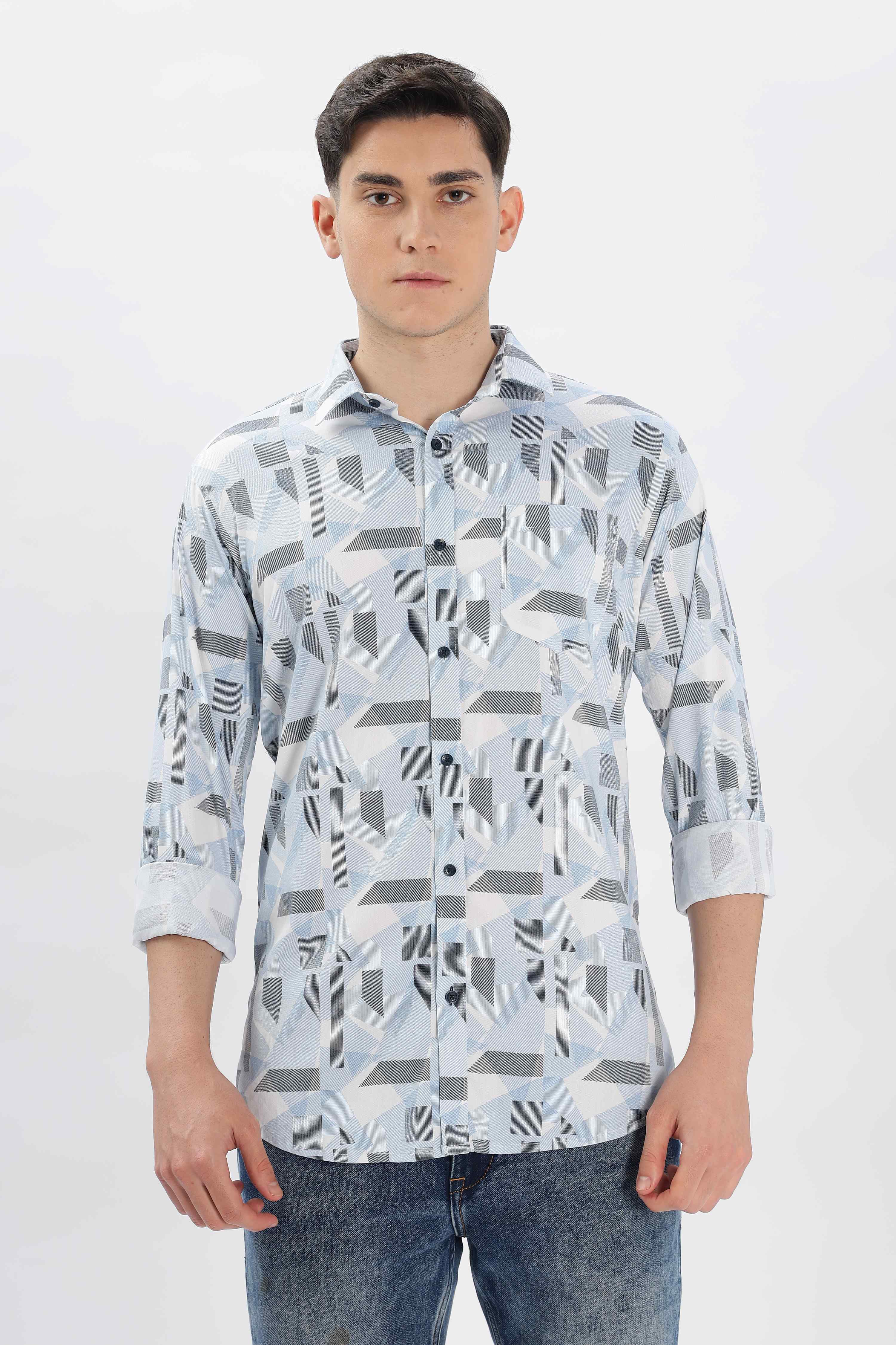 Men Printed Casual Silver Shirt