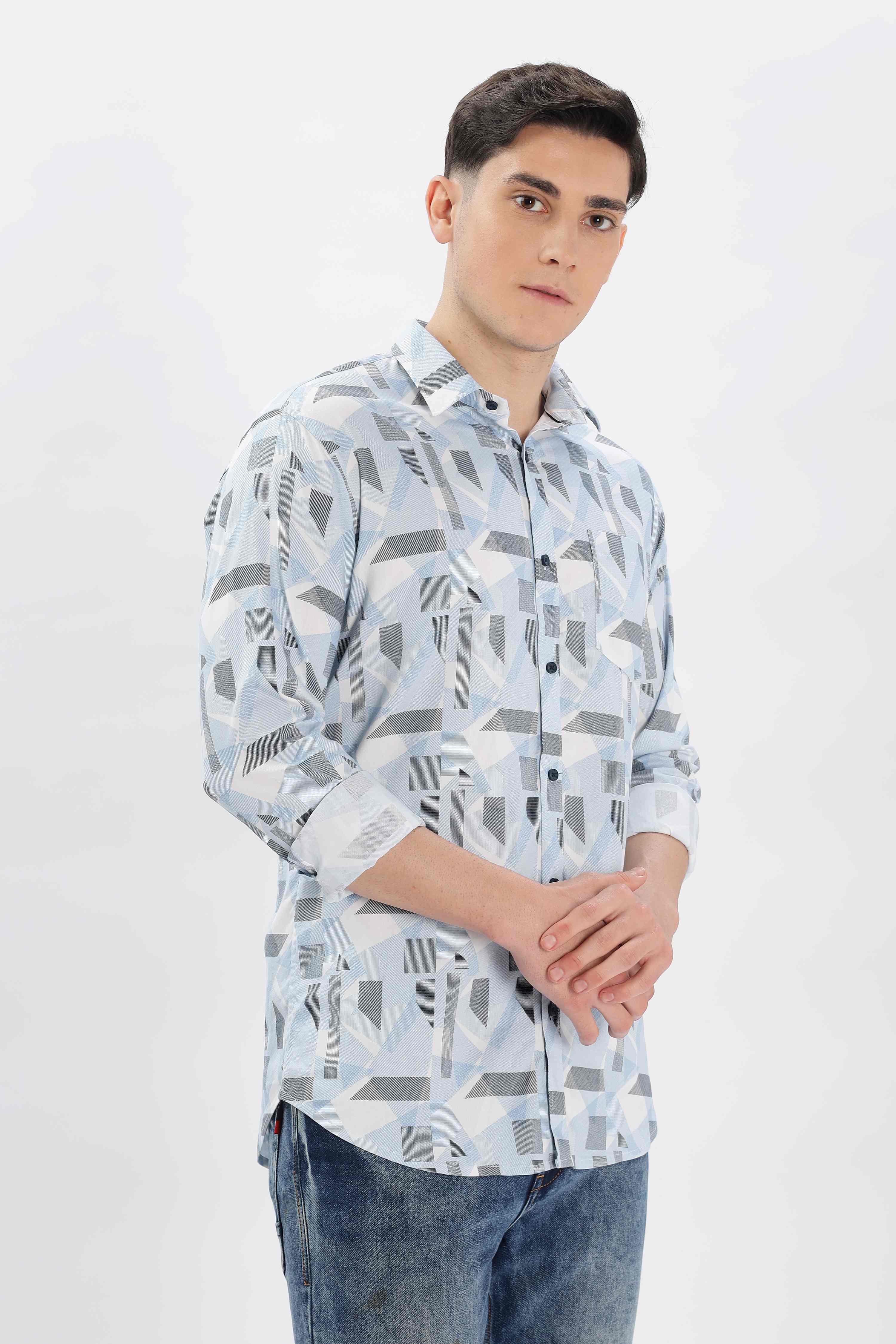 Men Printed Casual Silver Shirt