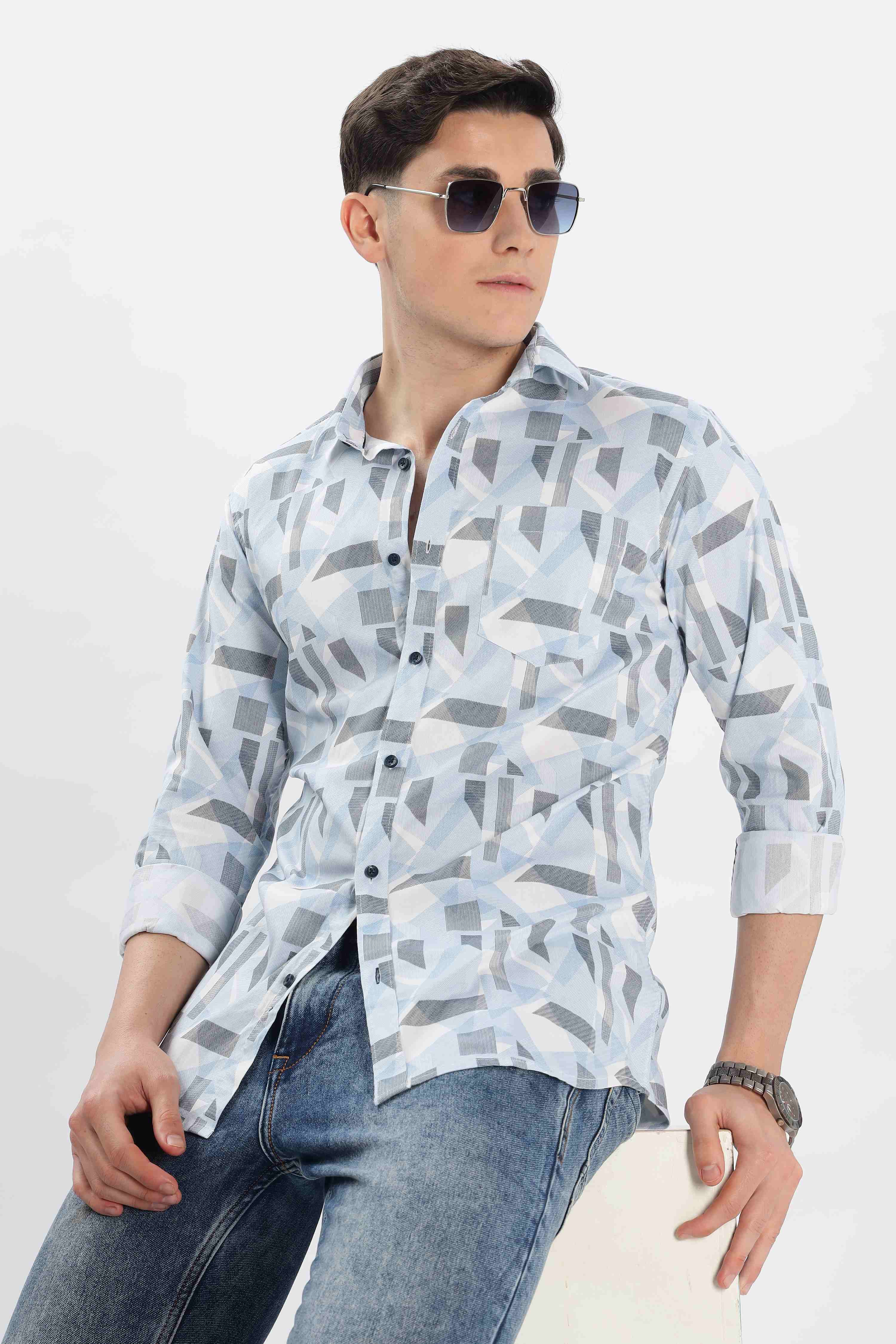 Men Printed Casual Silver Shirt