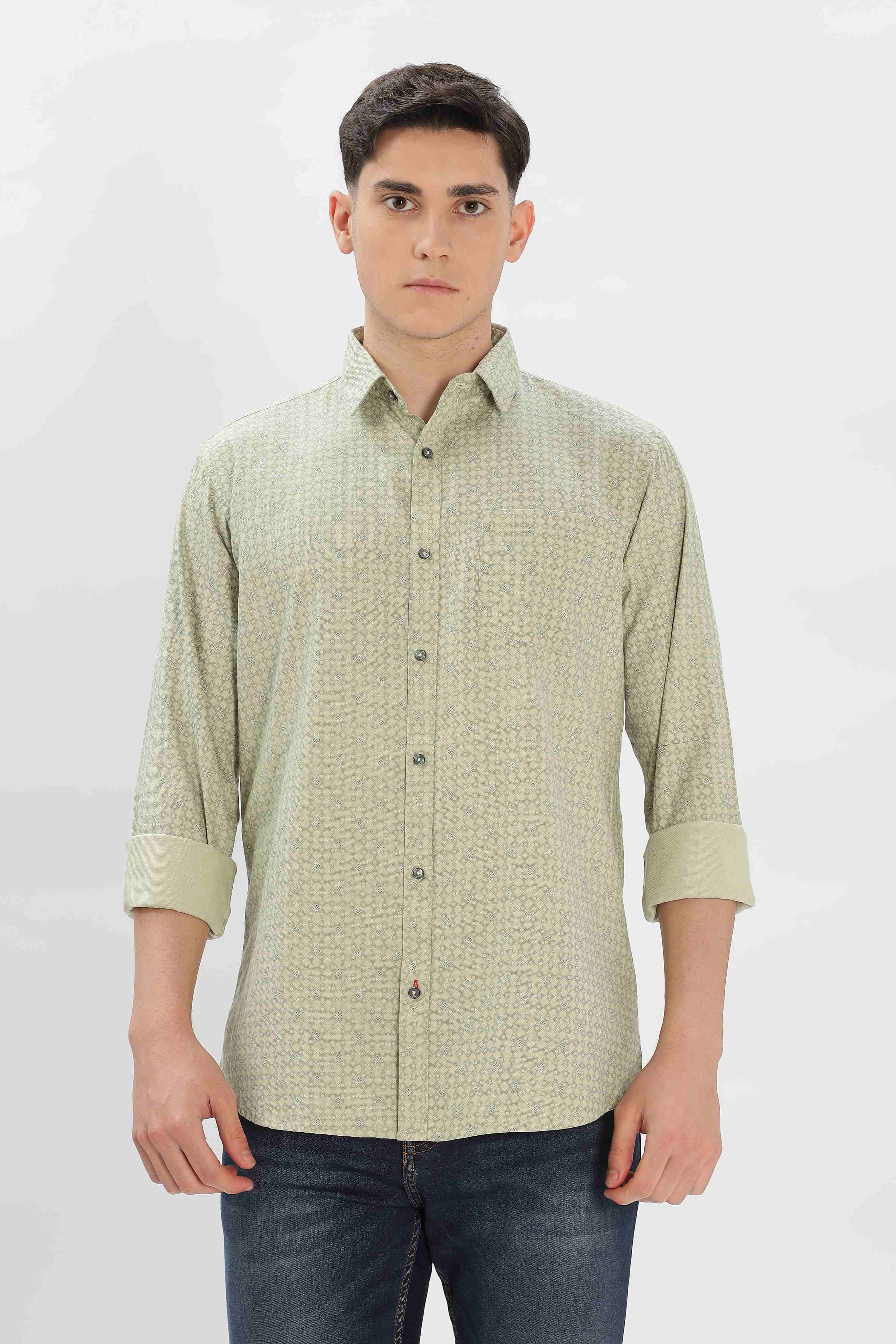 Olive Cotton fabric Geometric Pattern Shirt