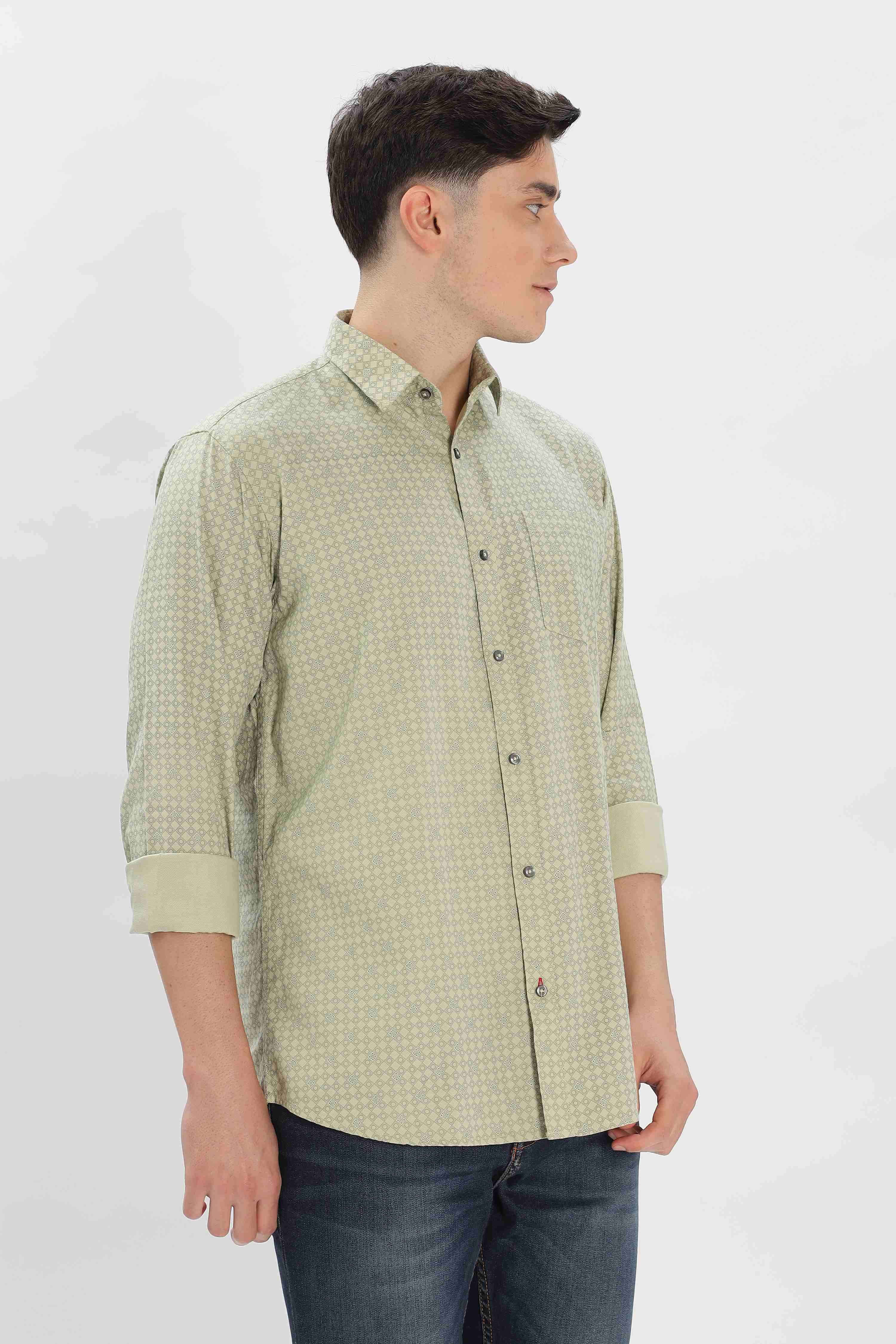 Olive Cotton fabric Geometric Pattern Shirt