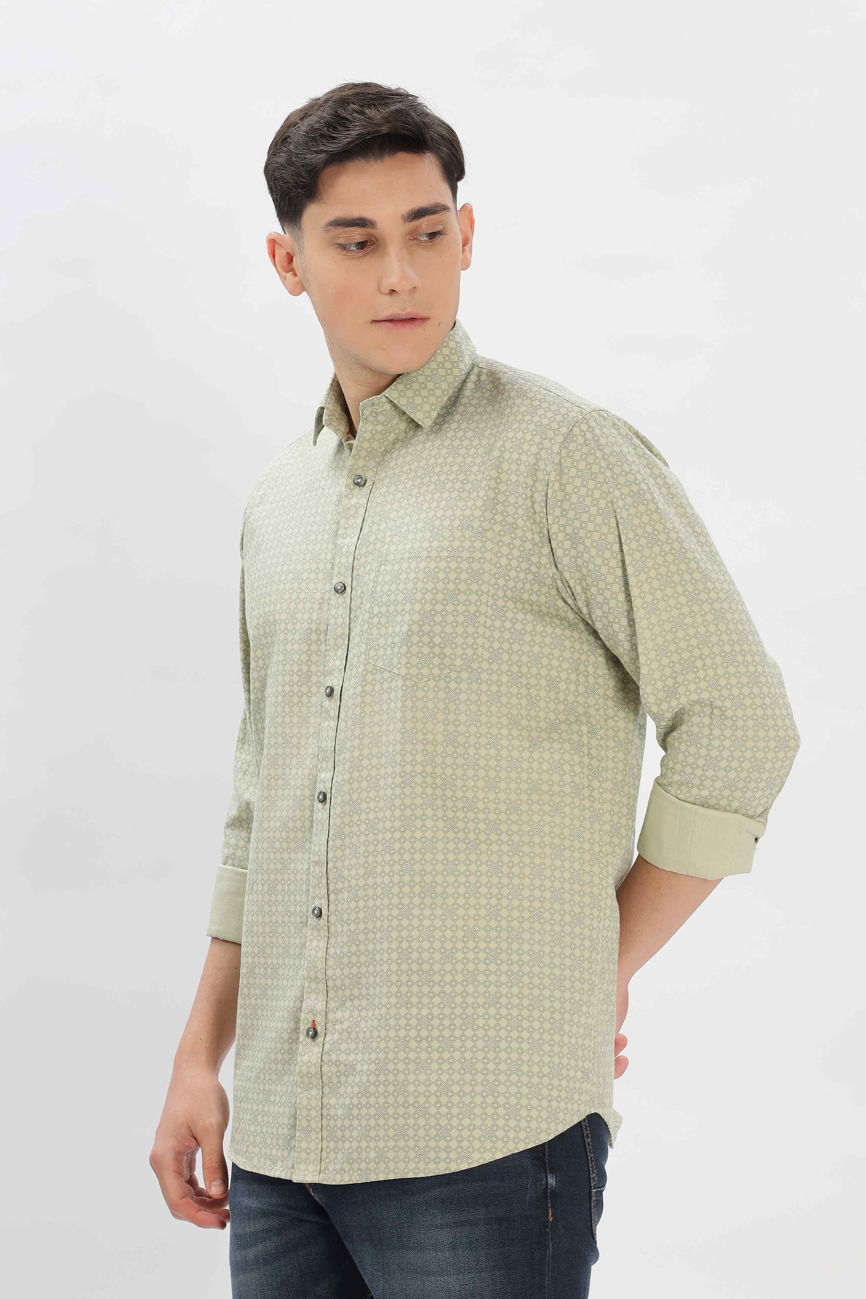 Olive Cotton fabric Geometric Pattern Shirt