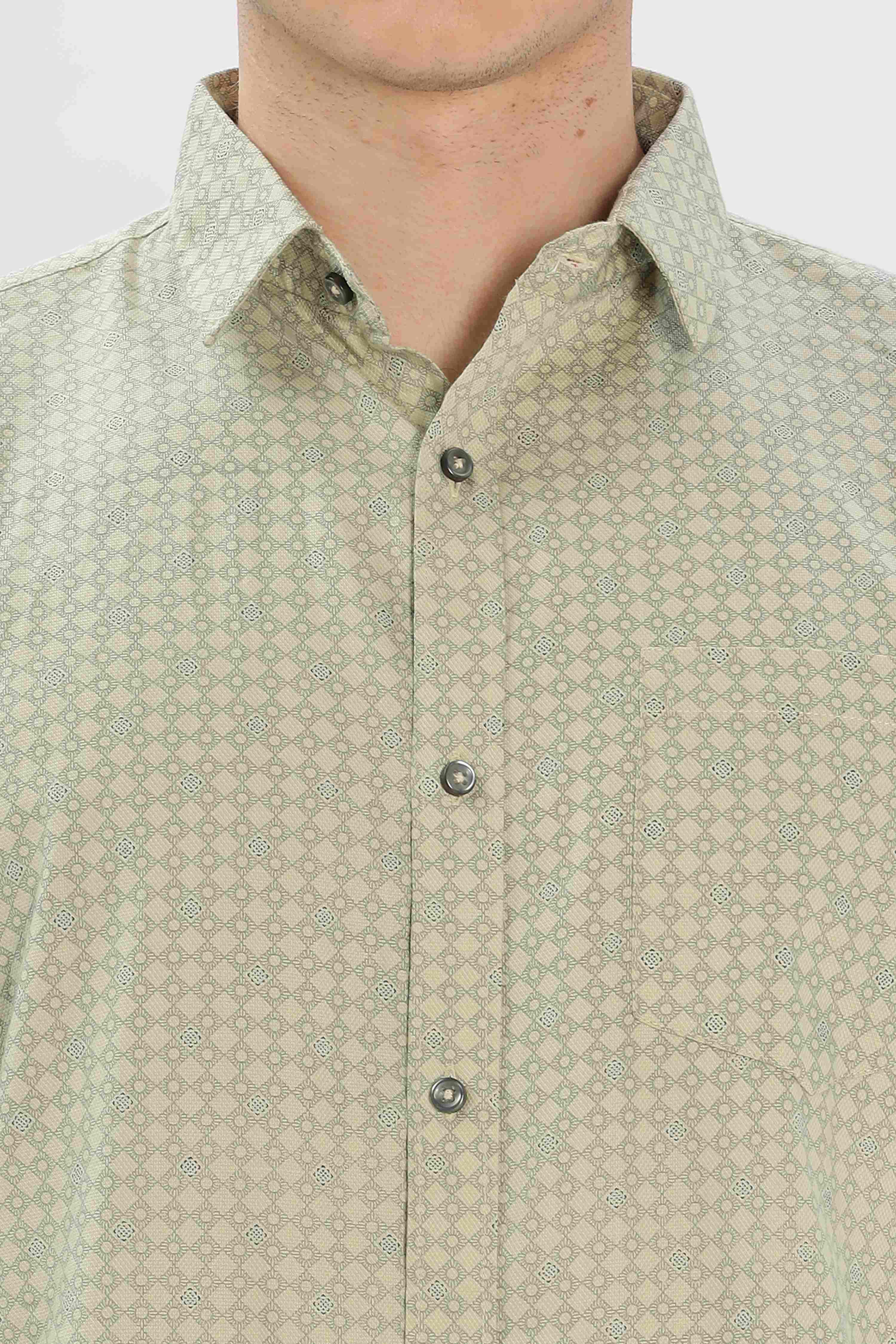 Olive Cotton fabric Geometric Pattern Shirt