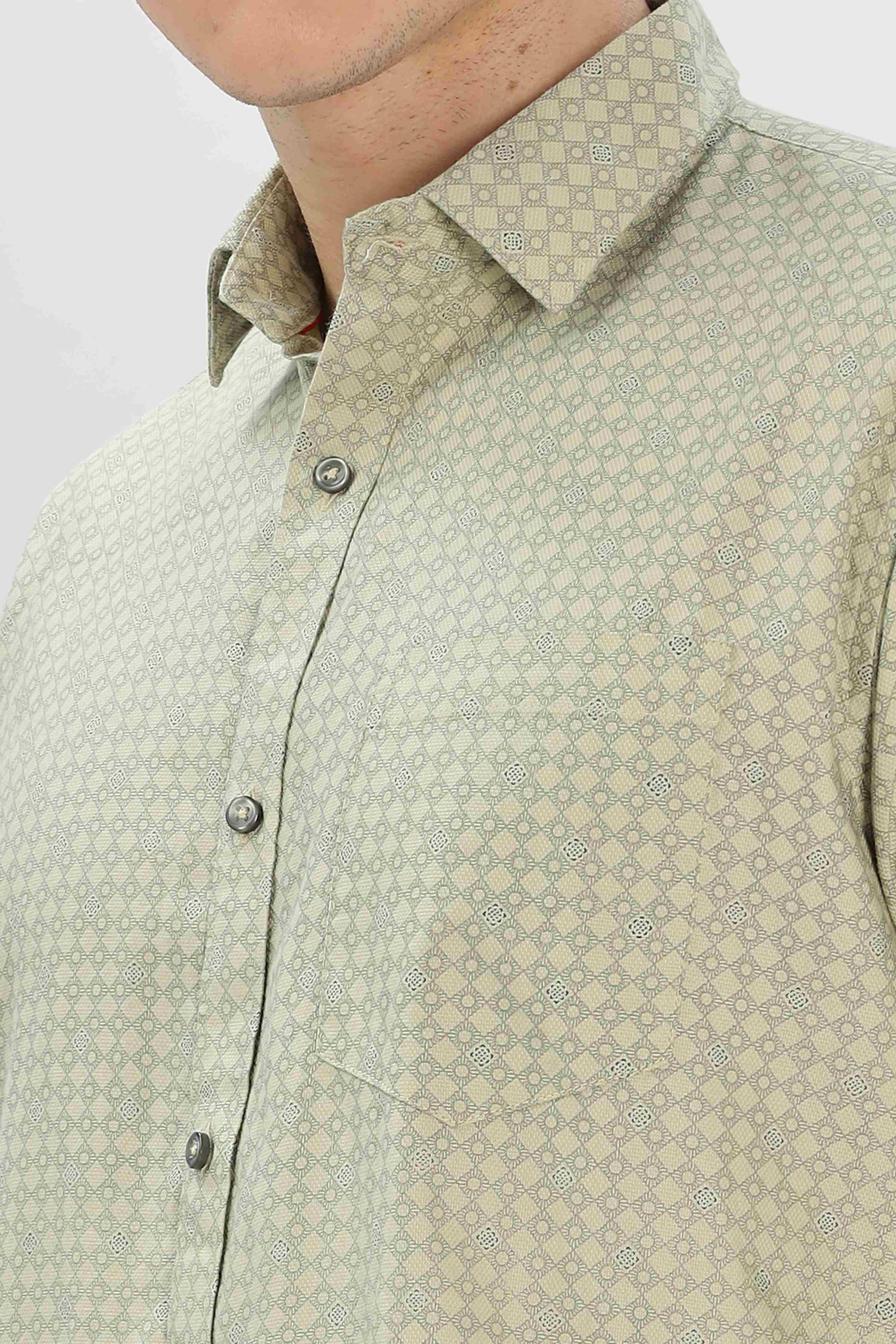 Olive Cotton fabric Geometric Pattern Shirt