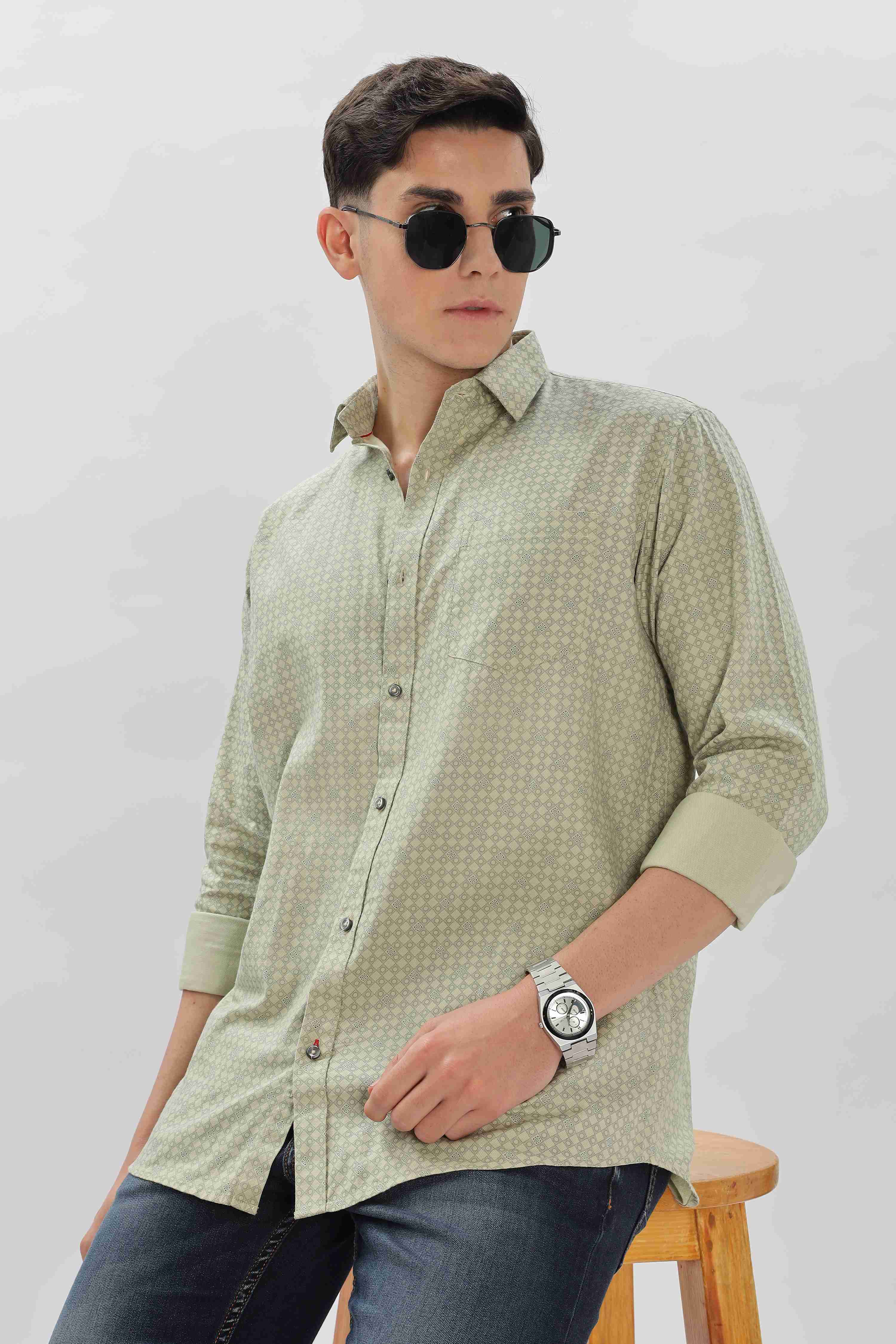 Olive Cotton fabric Geometric Pattern Shirt