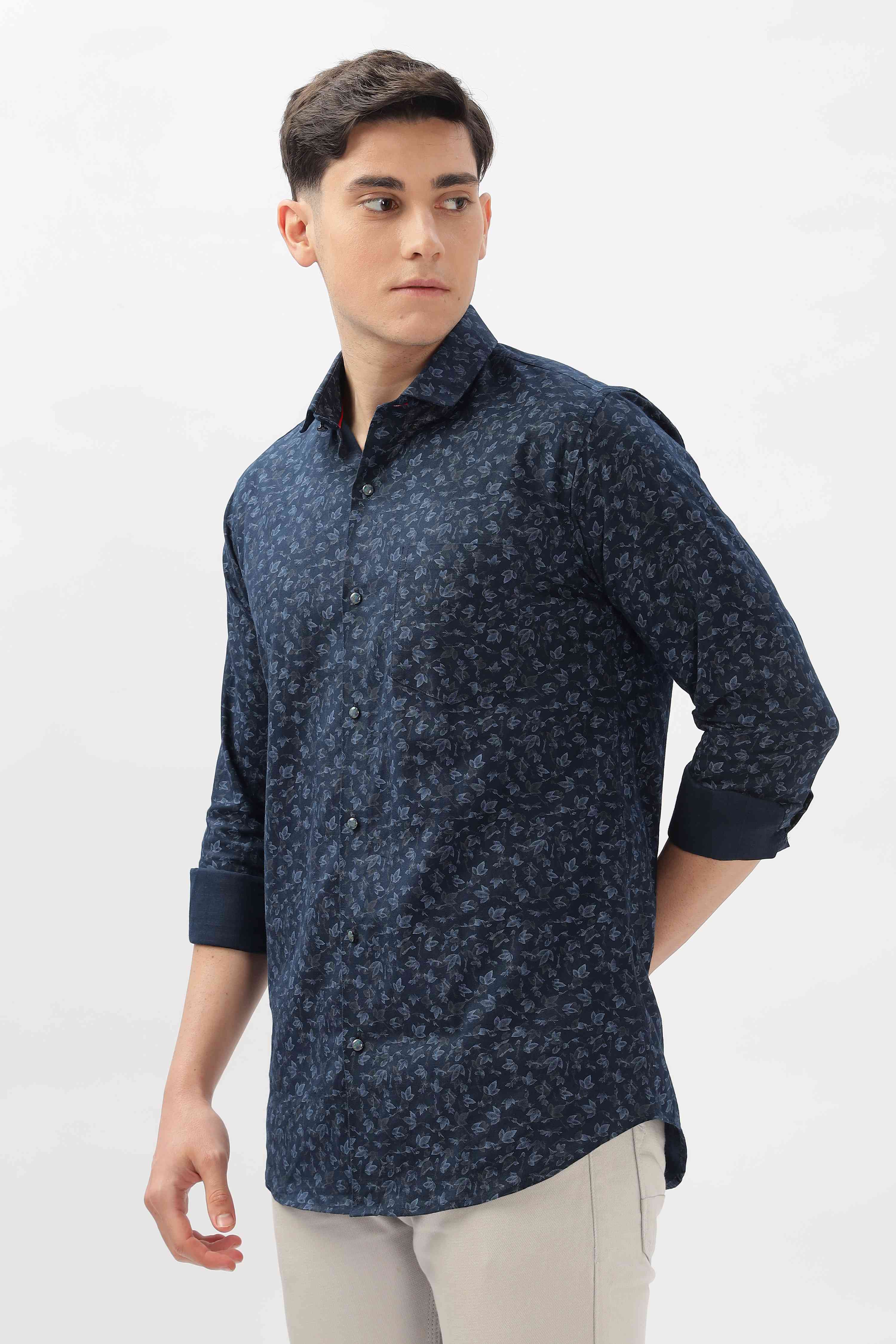 Navy Floral Leaves Pattern Shirt