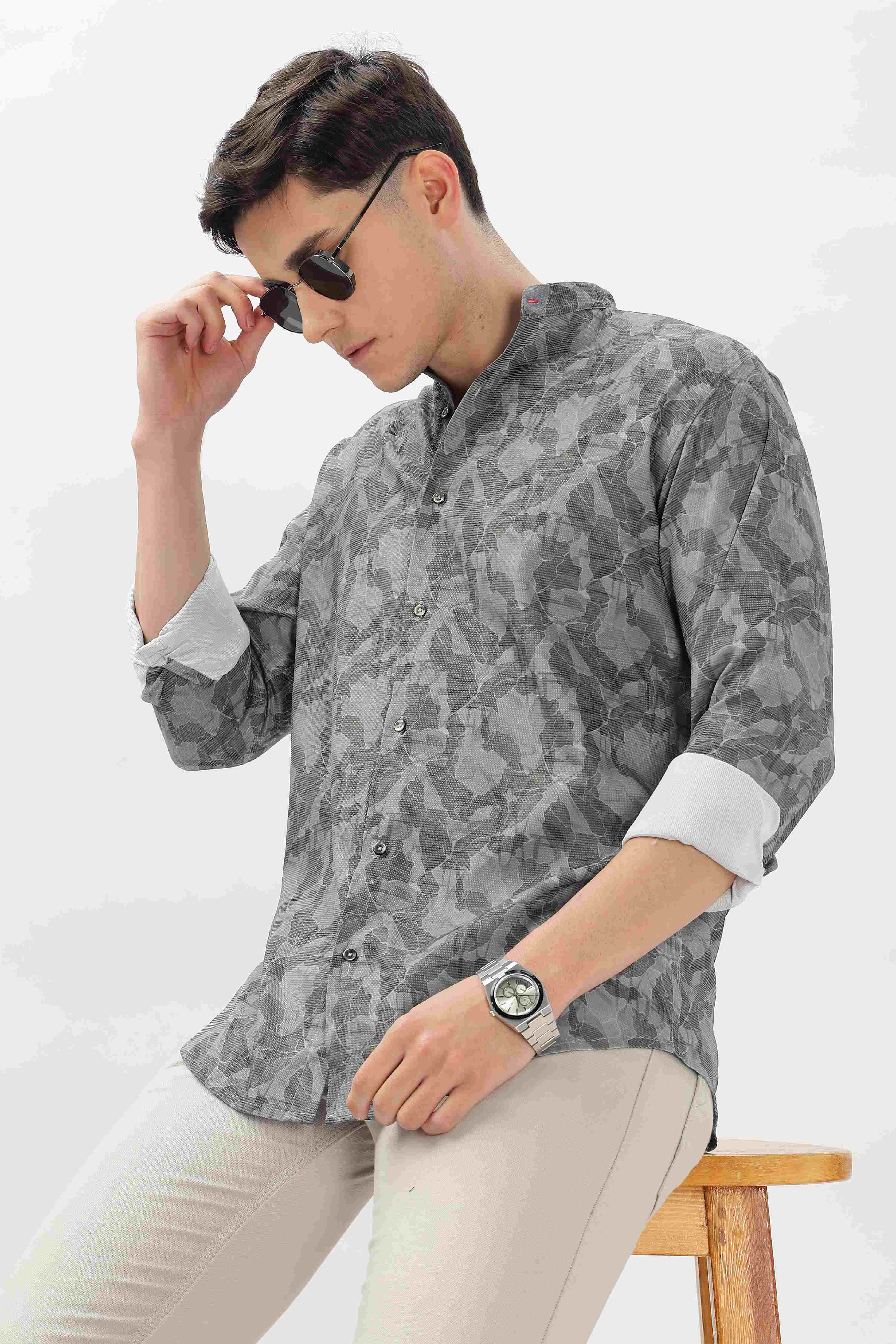 Grey Digital Printed Mandarin Collar shirt