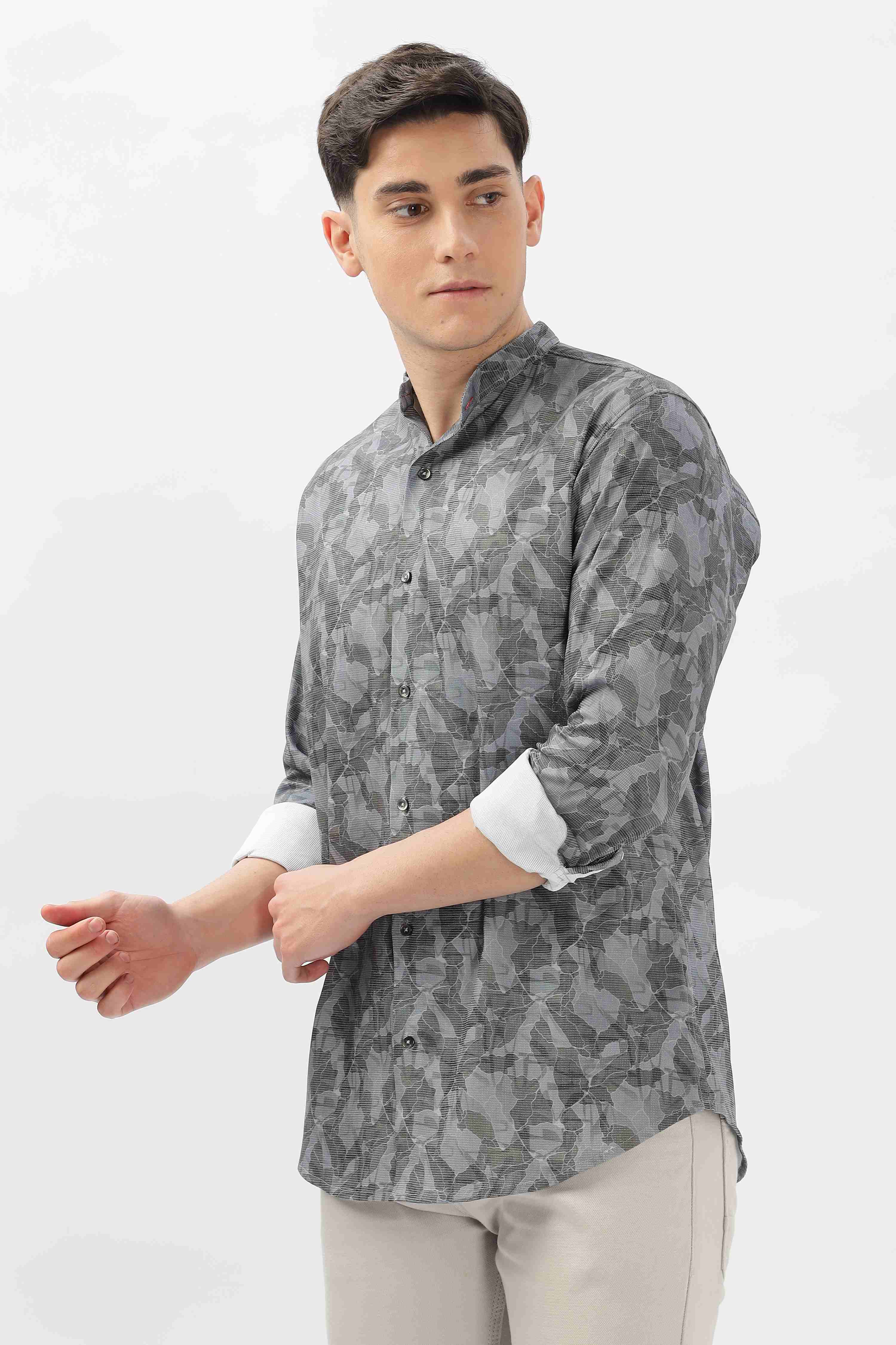 Grey Digital Printed Mandarin Collar shirt