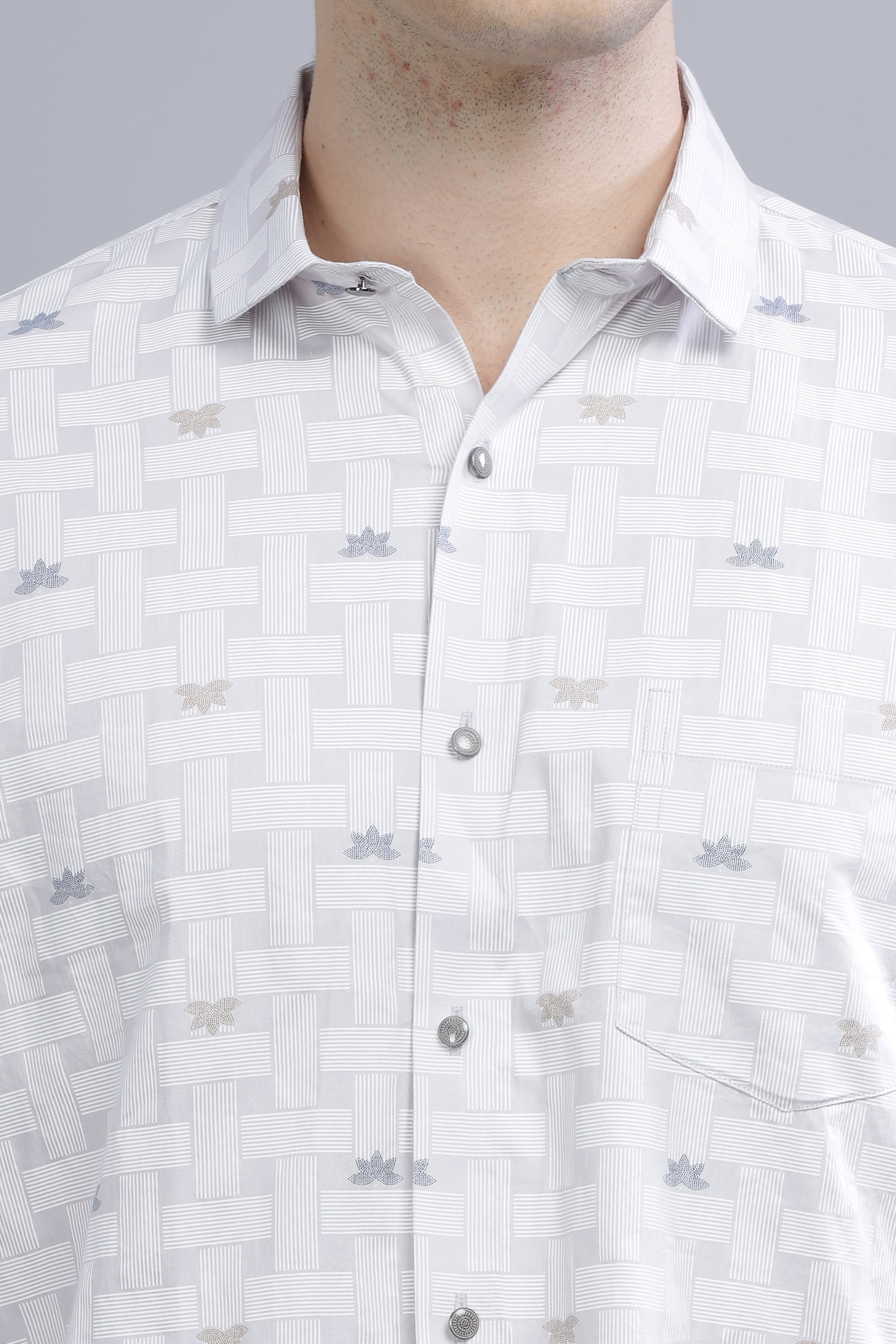 Slim Fit Flower Blocks Printed White Shirt