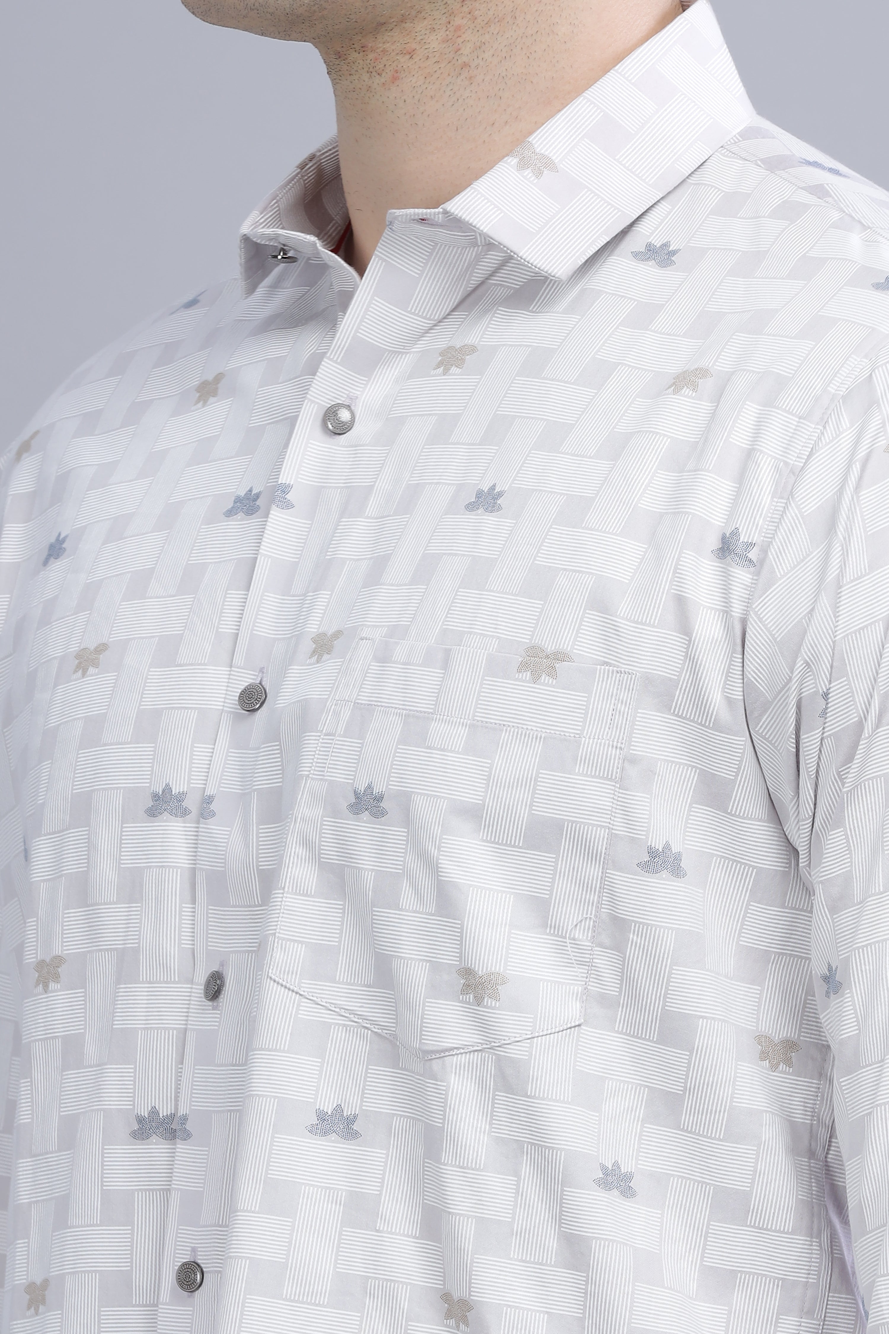 Slim Fit Flower Blocks Printed White Shirt