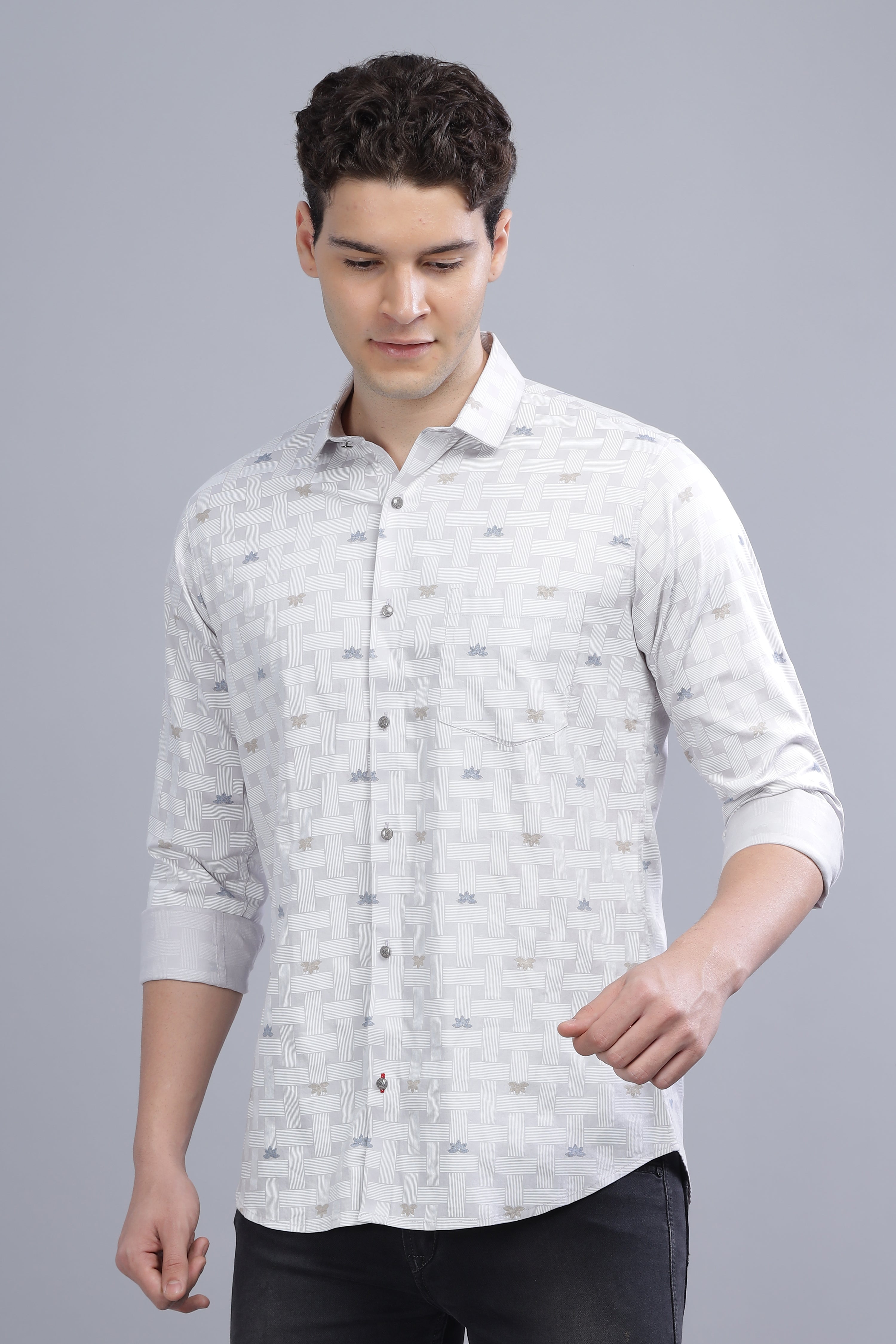 Slim Fit Flower Blocks Printed White Shirt