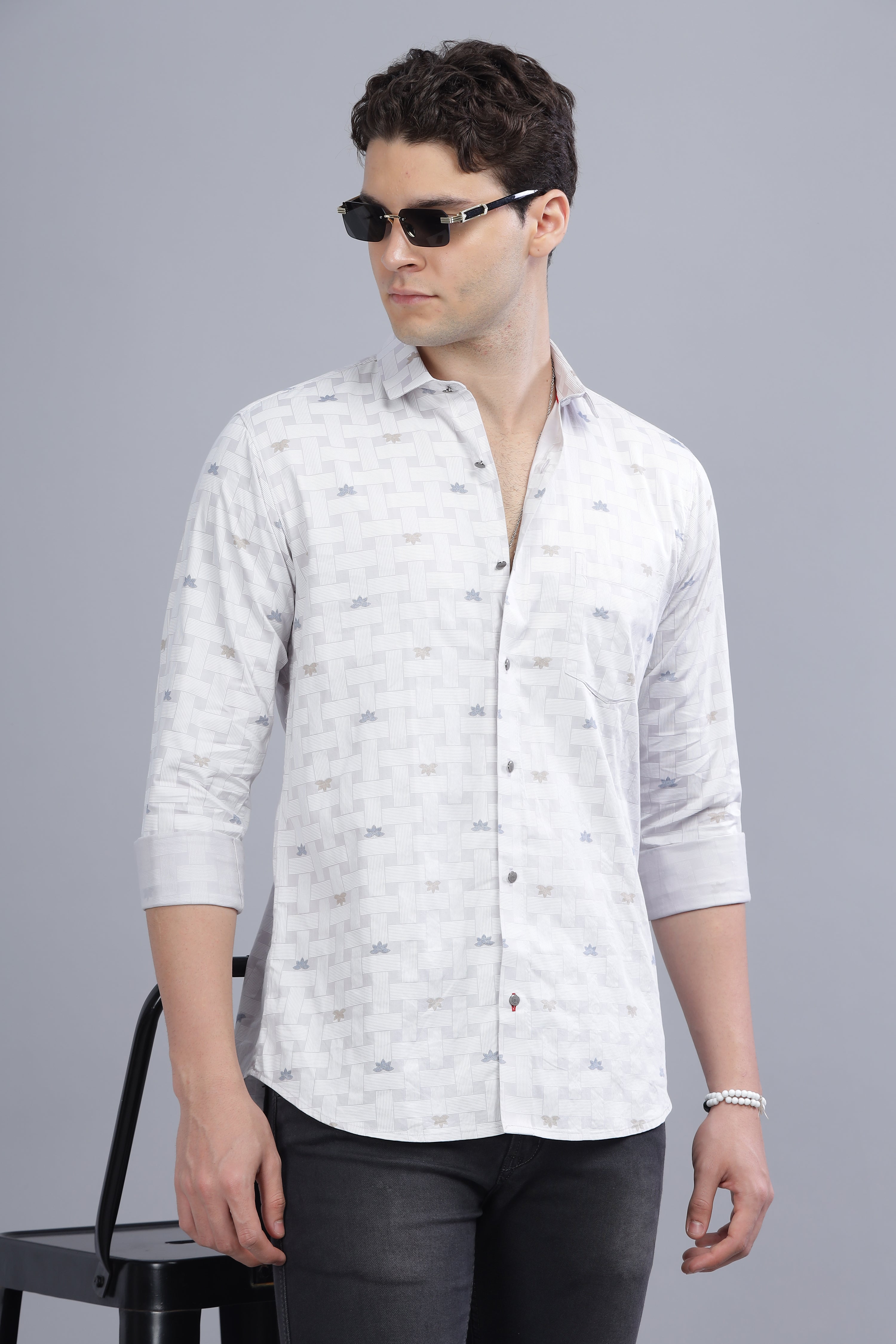 Slim Fit Flower Blocks Printed White Shirt