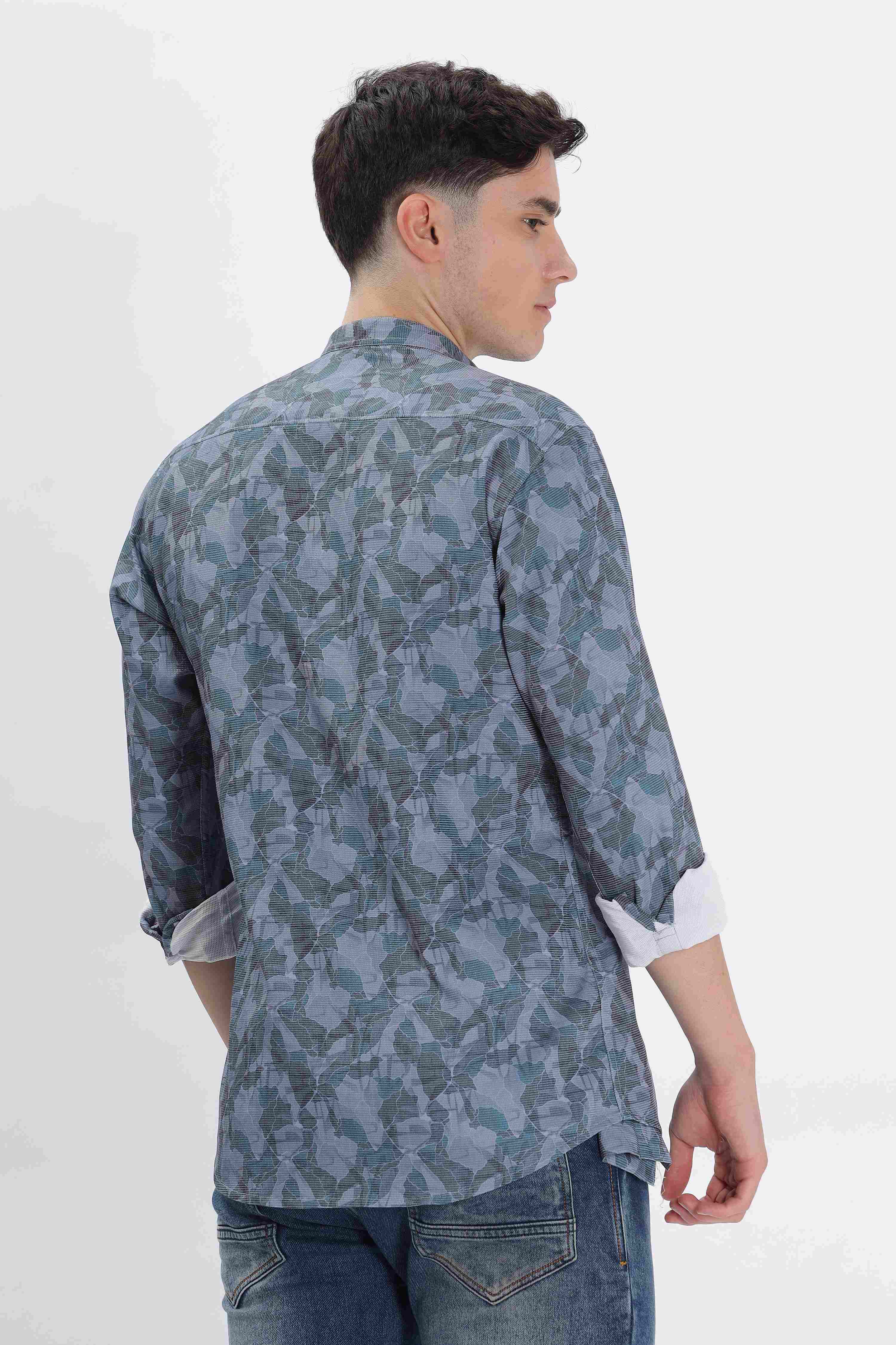 Light Grey Digital Printed Mandarin Collar shirt