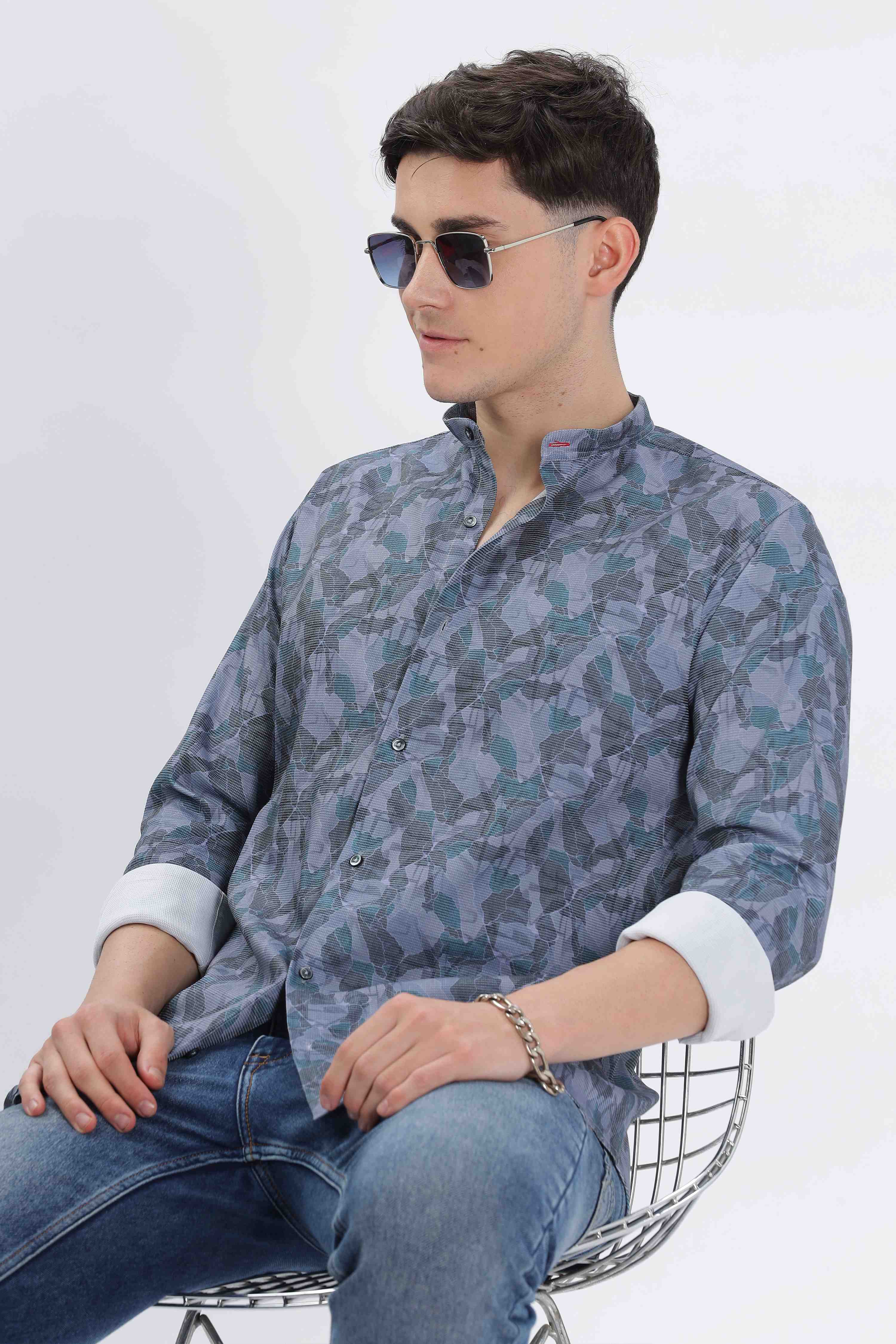 Light Grey Digital Printed Mandarin Collar shirt