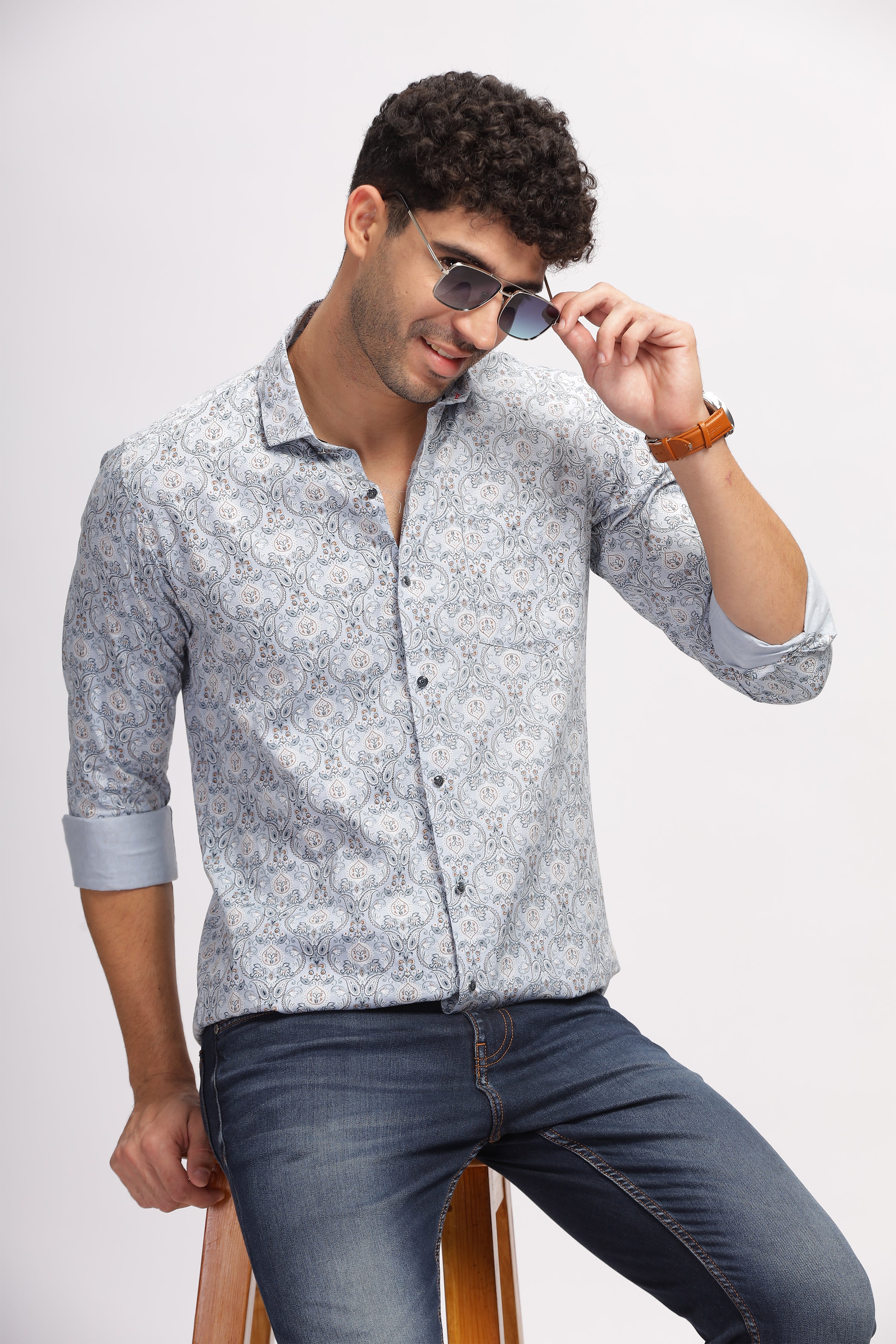 Men's Designer Blue Printed Shirt