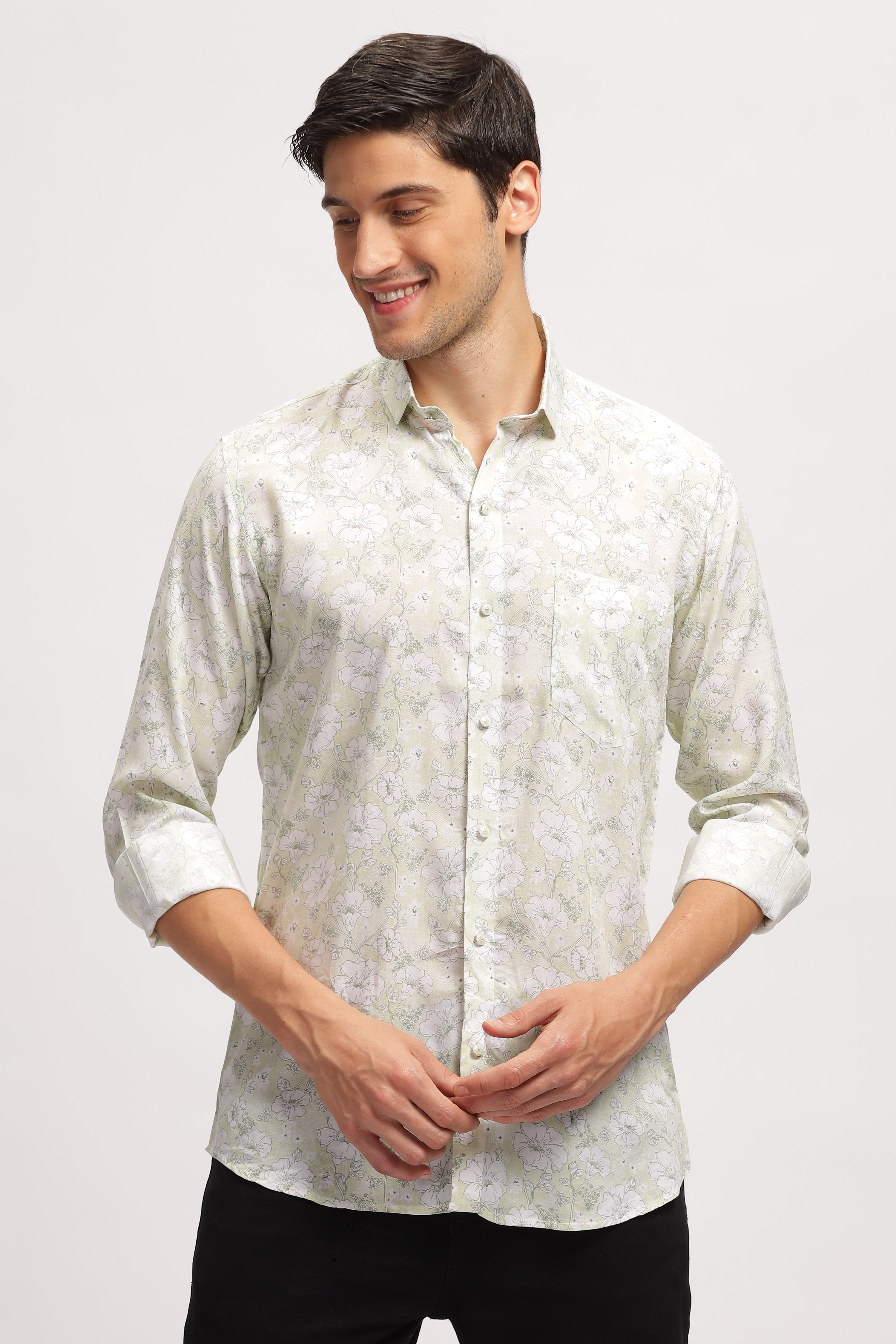 Crushed Floral Effective White Shirt