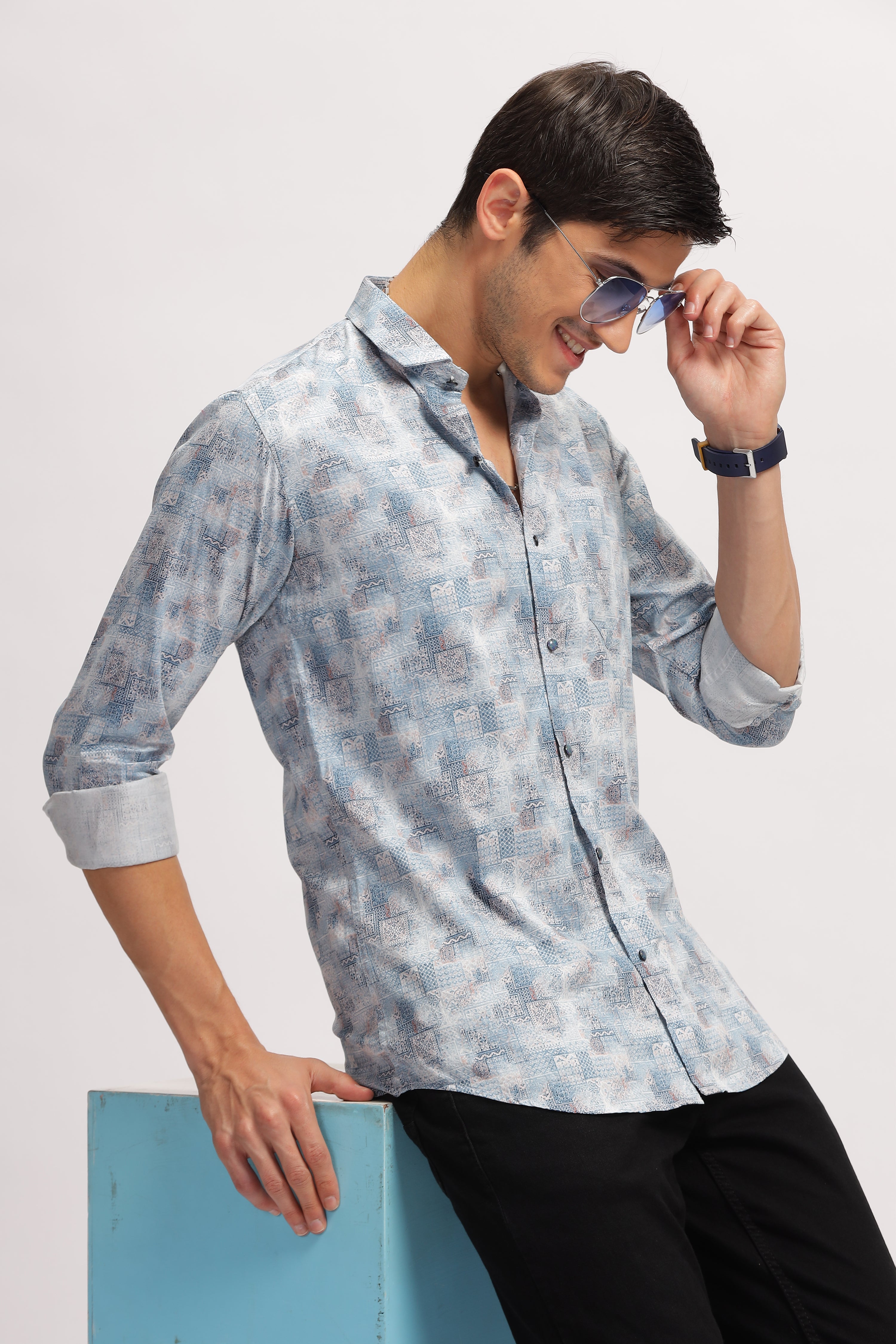 Symmetry Design Blue Printed Shirt