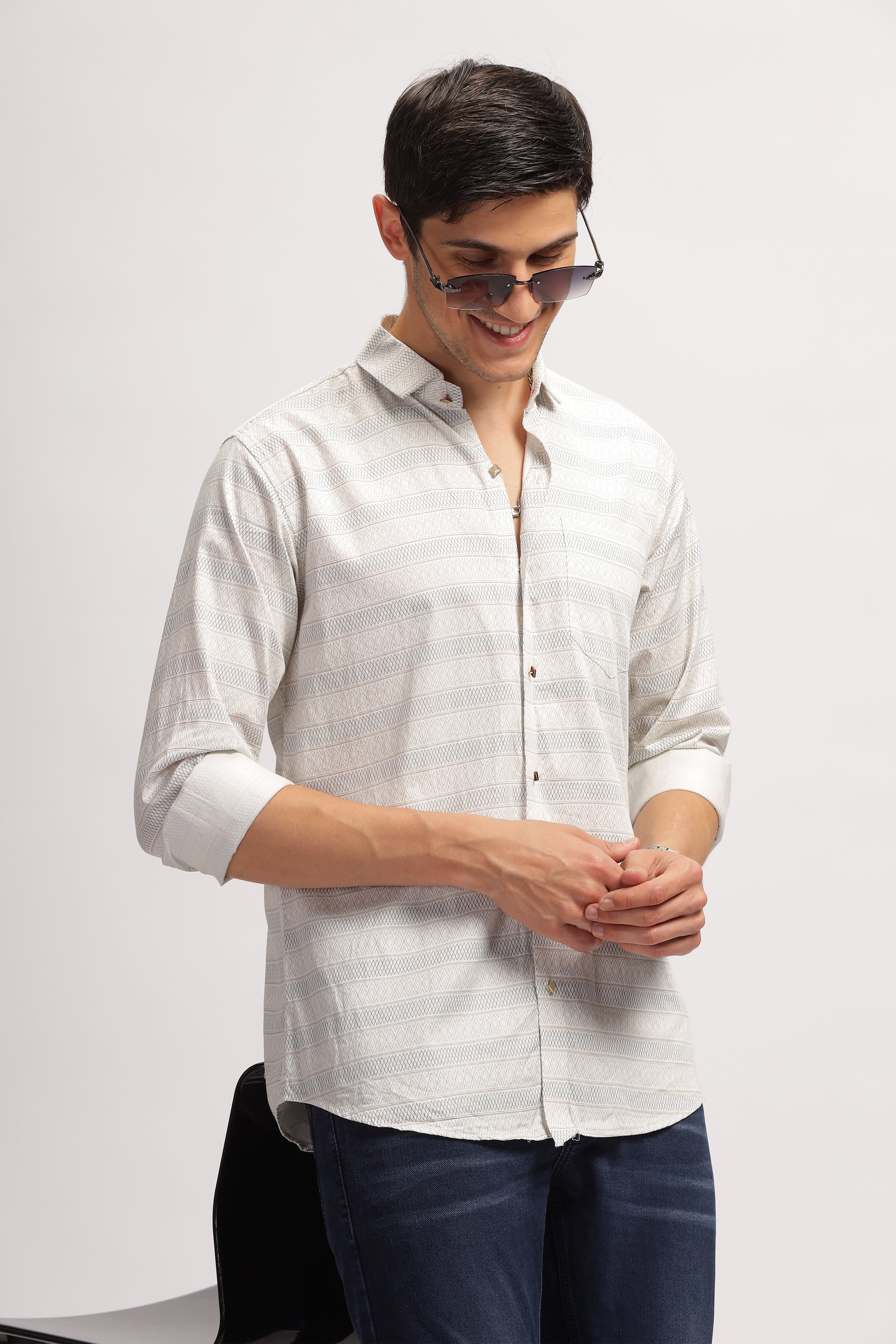 Diamond Striped Slim Fit White Shirt