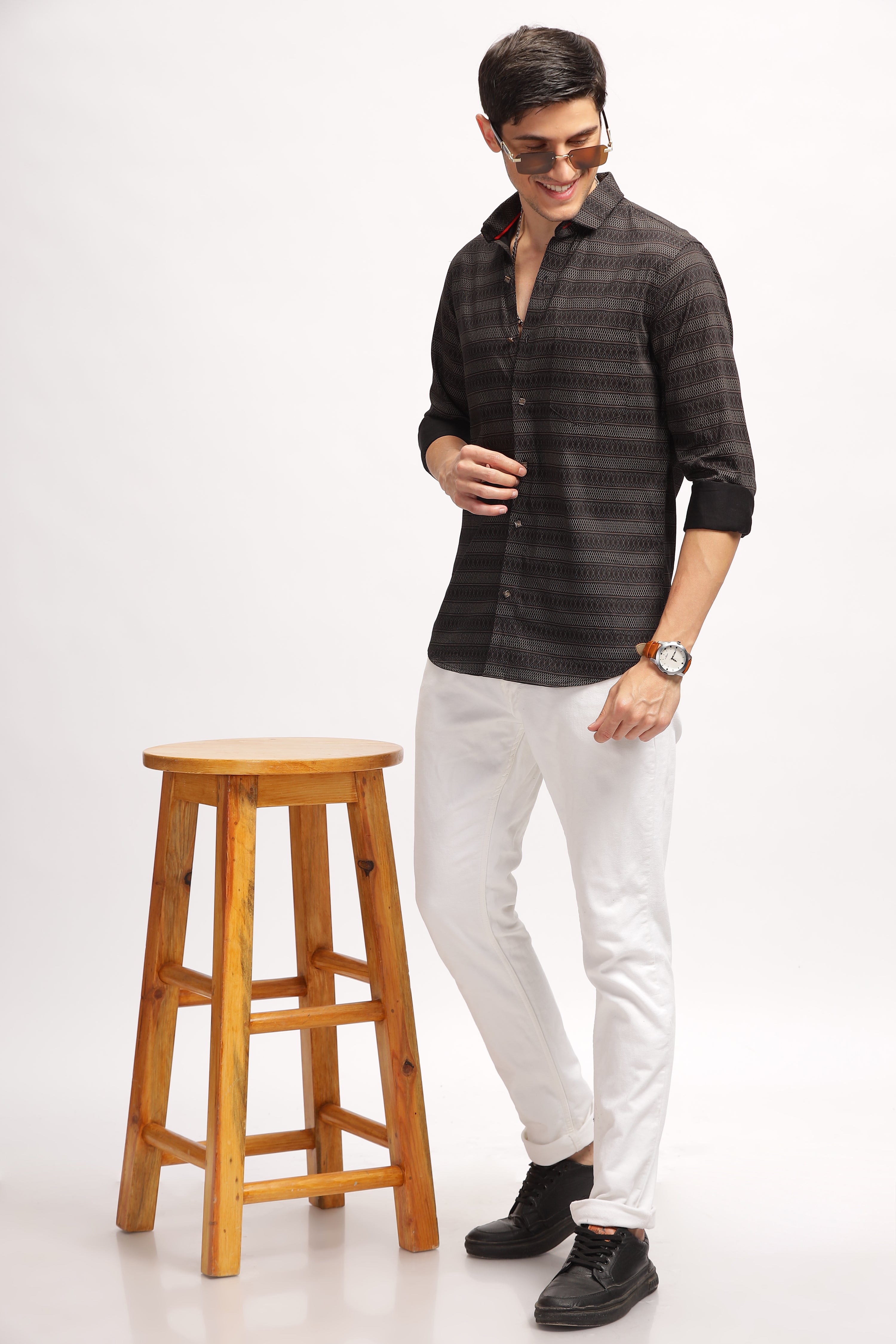 Diamond Striped Slim Fit Black Shirt