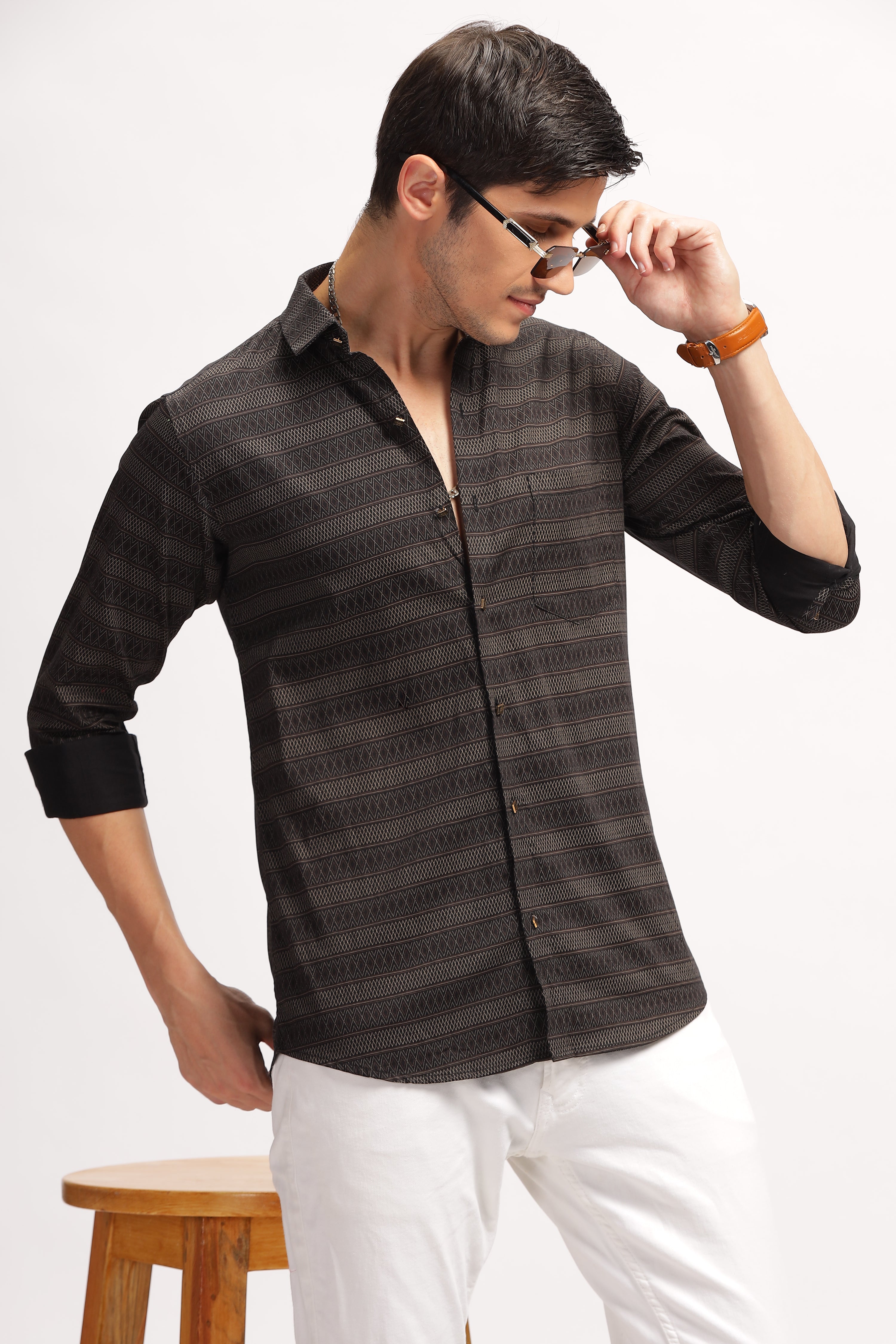 Diamond Striped Slim Fit Black Shirt