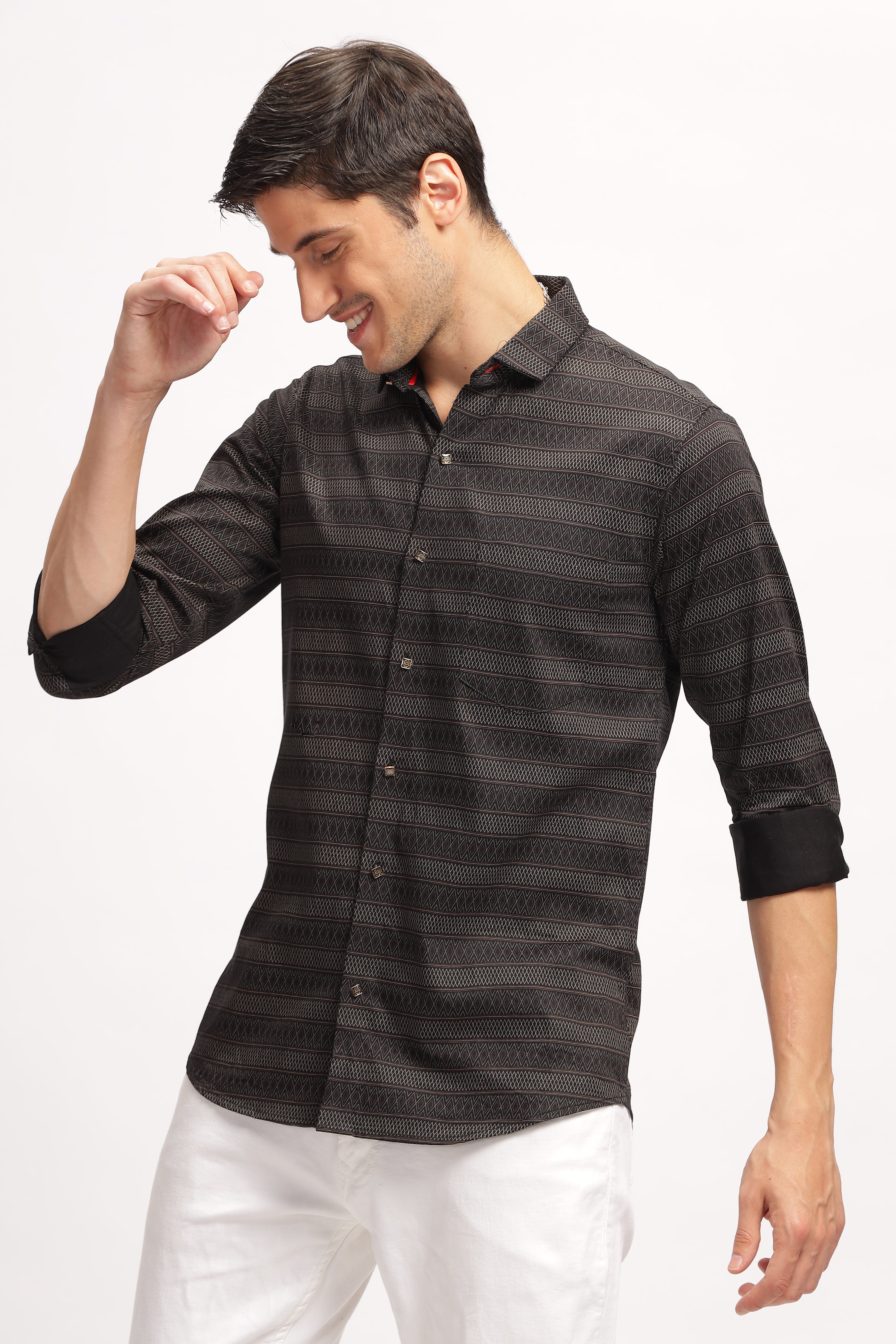 Diamond Striped Slim Fit Black Shirt