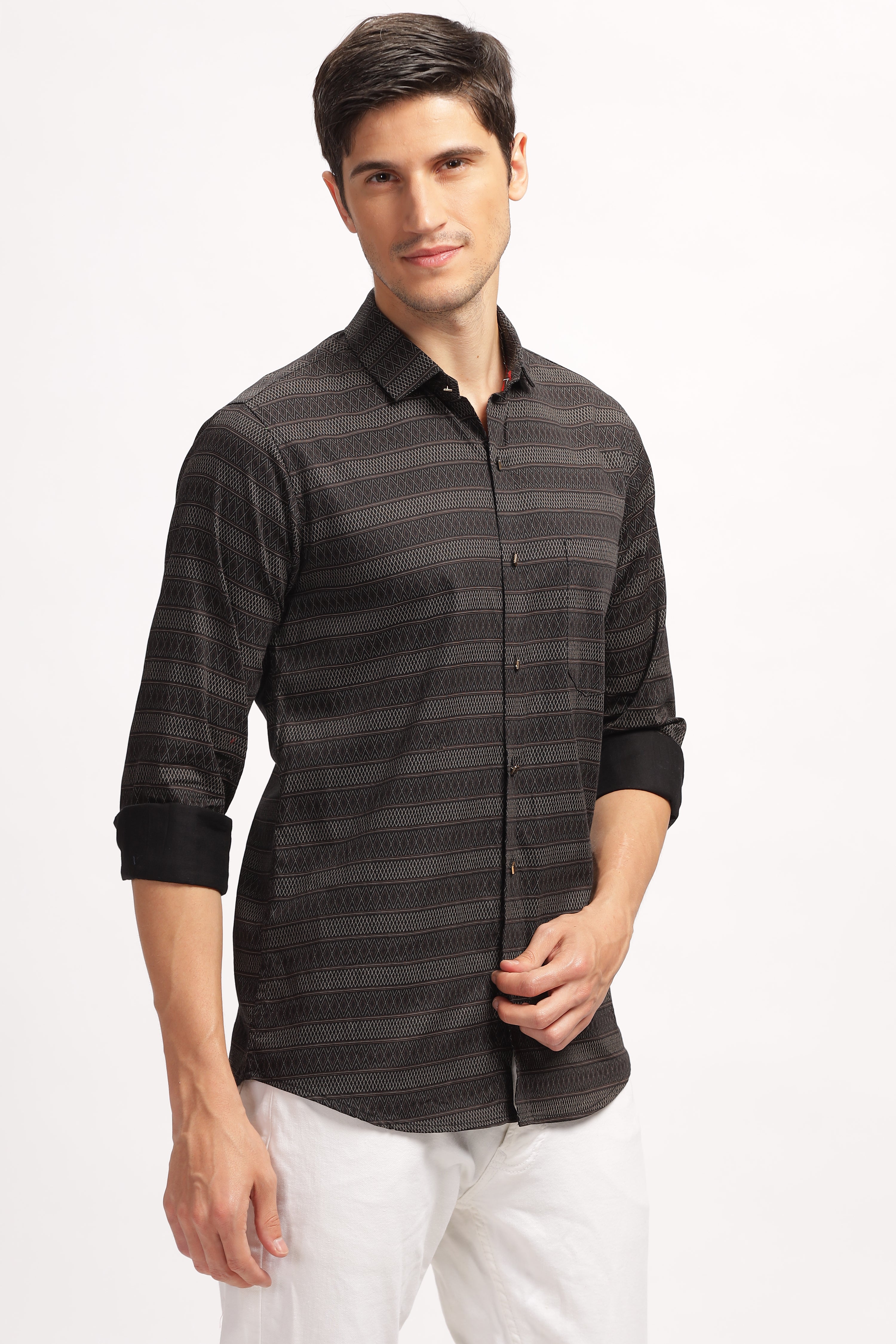 Diamond Striped Slim Fit Black Shirt