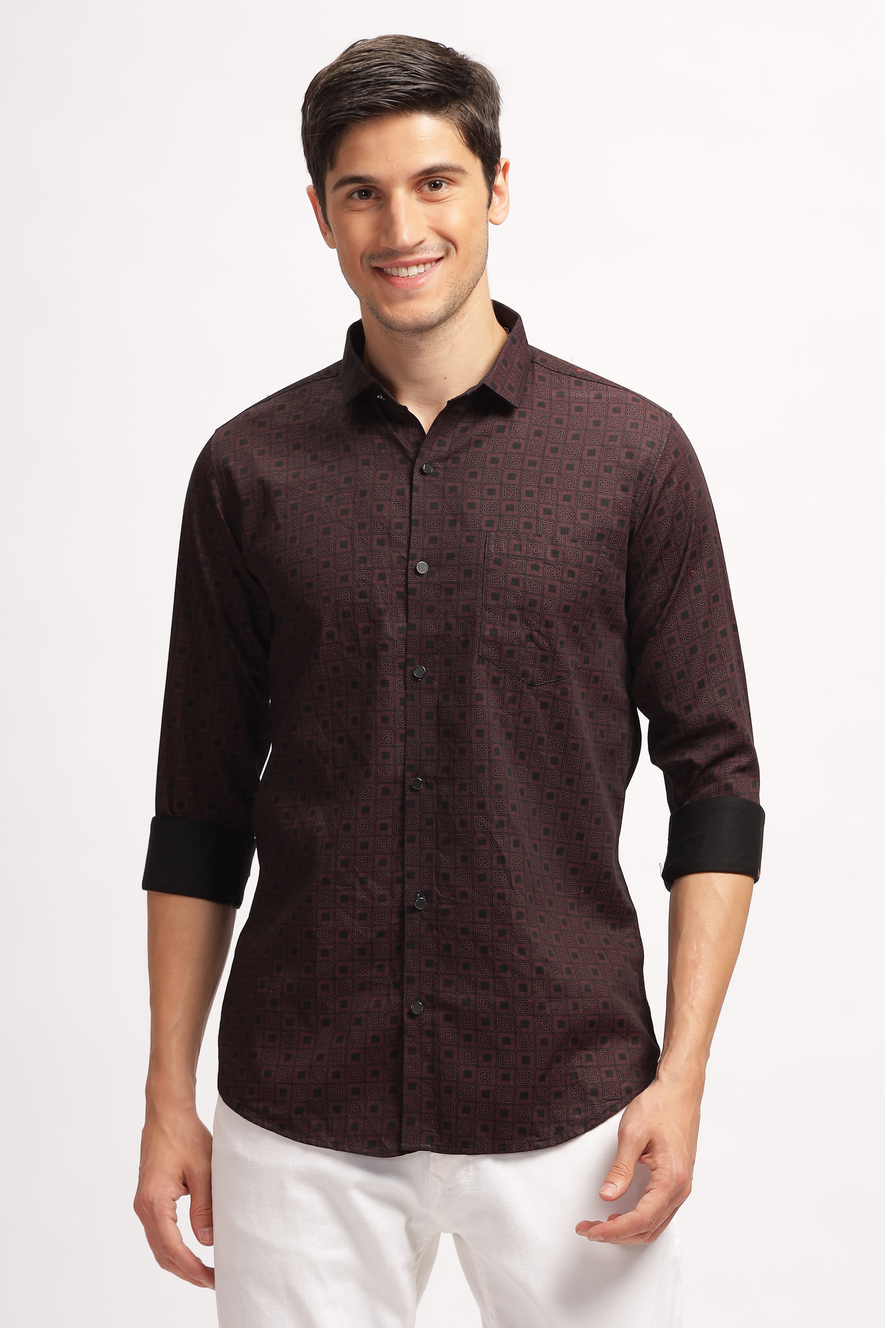 Square Blocks Design Printed Brown Shirt