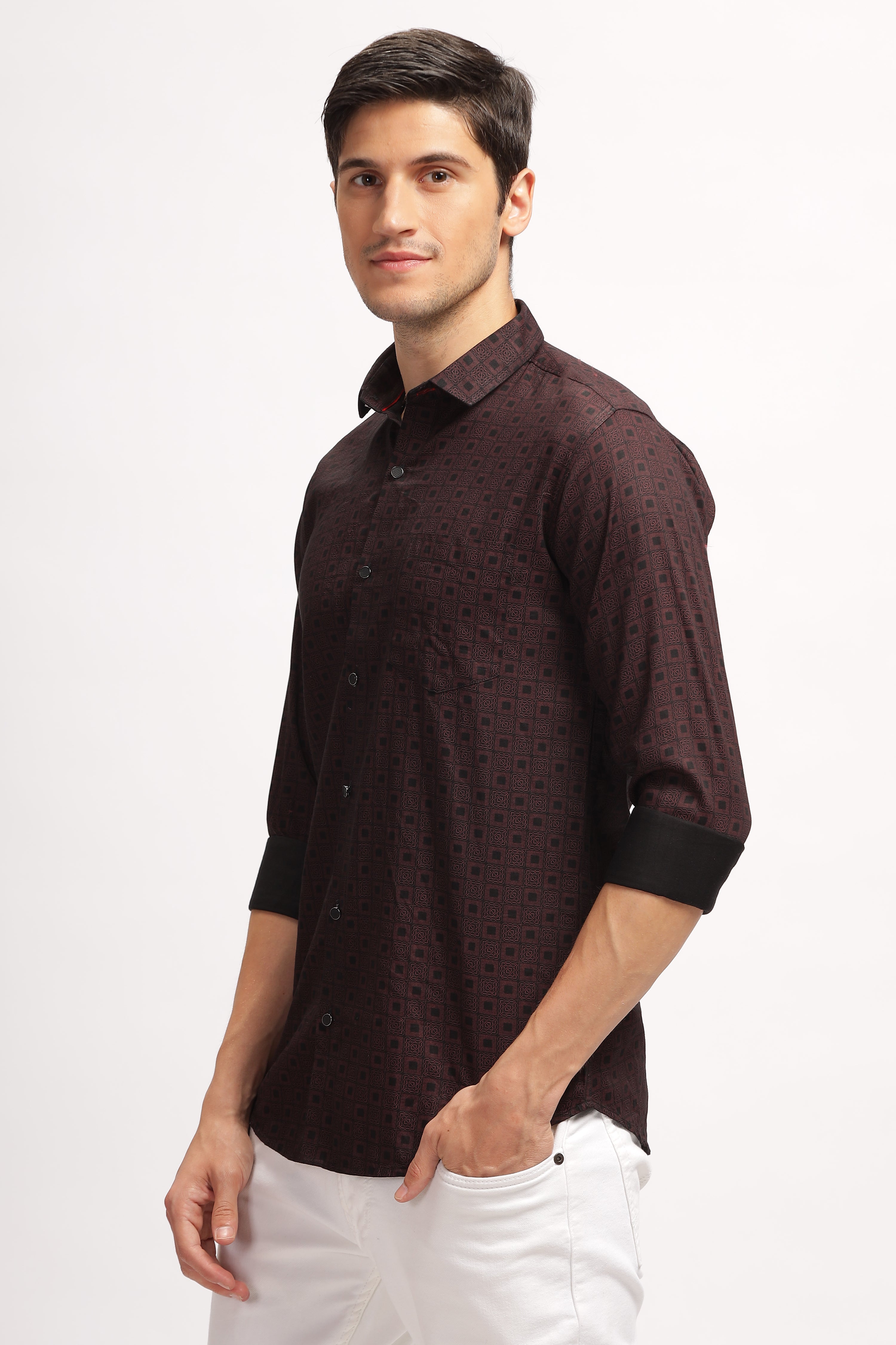 Square Blocks Design Printed Brown Shirt