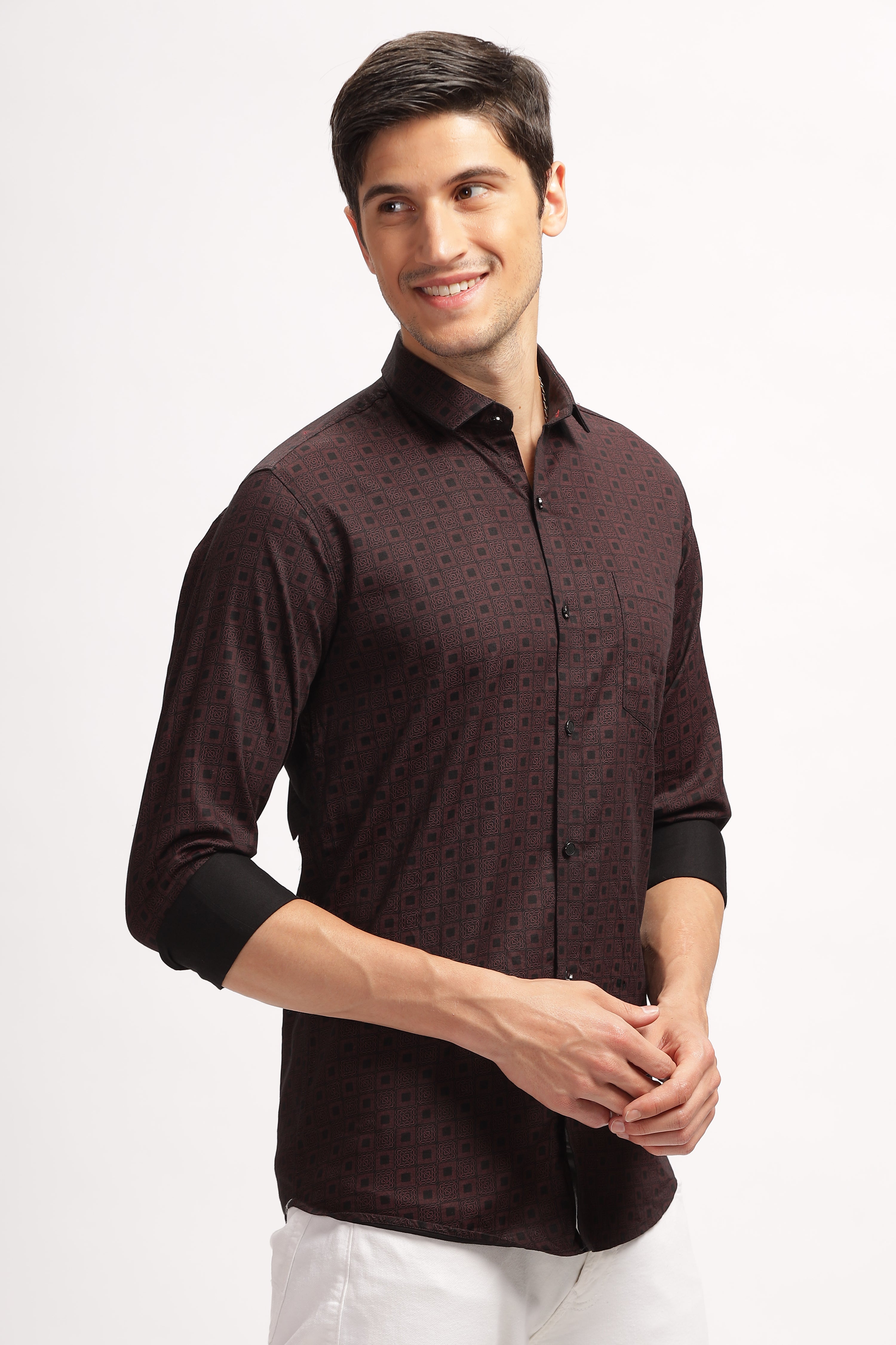 Square Blocks Design Printed Brown Shirt