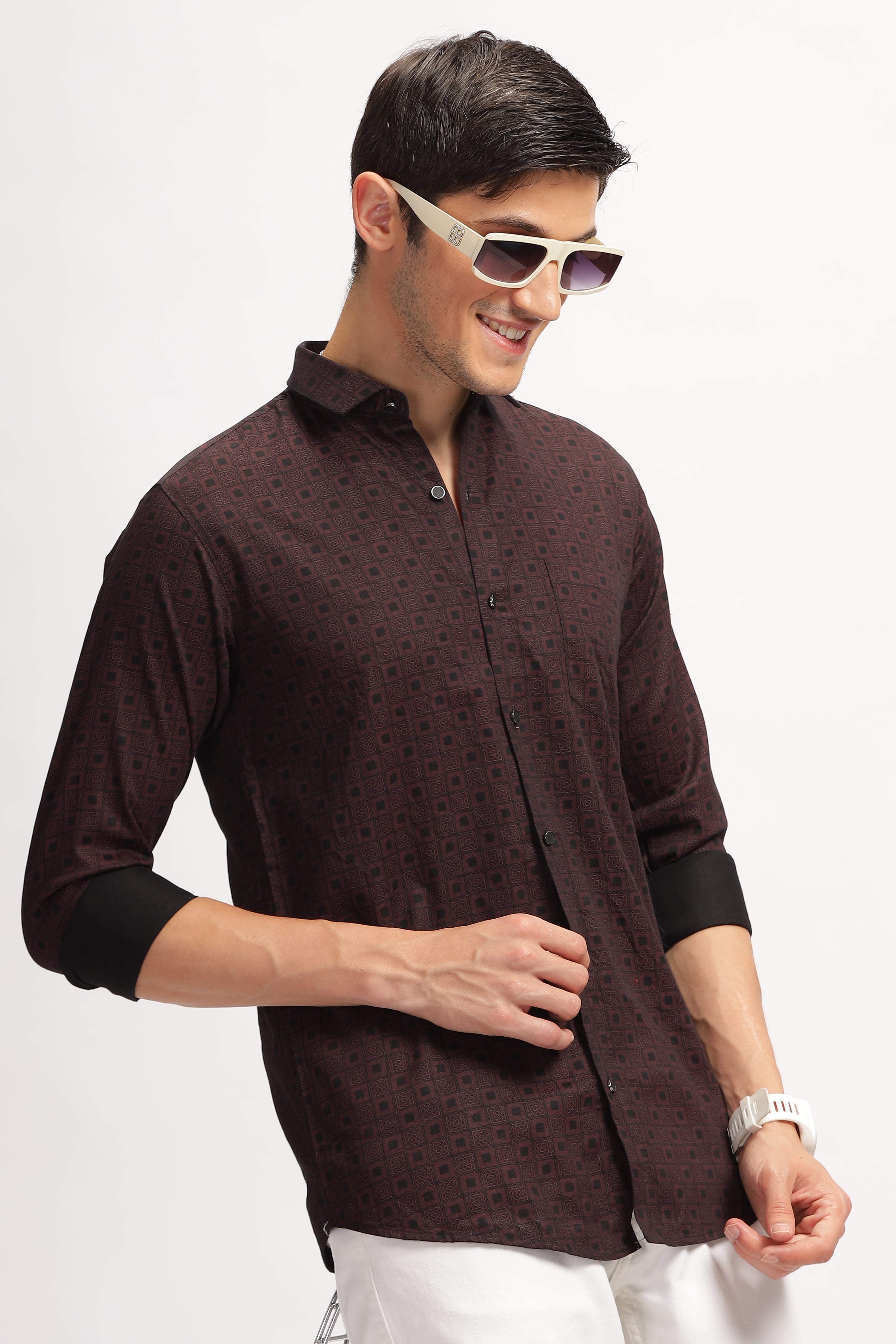 Square Blocks Design Printed Brown Shirt