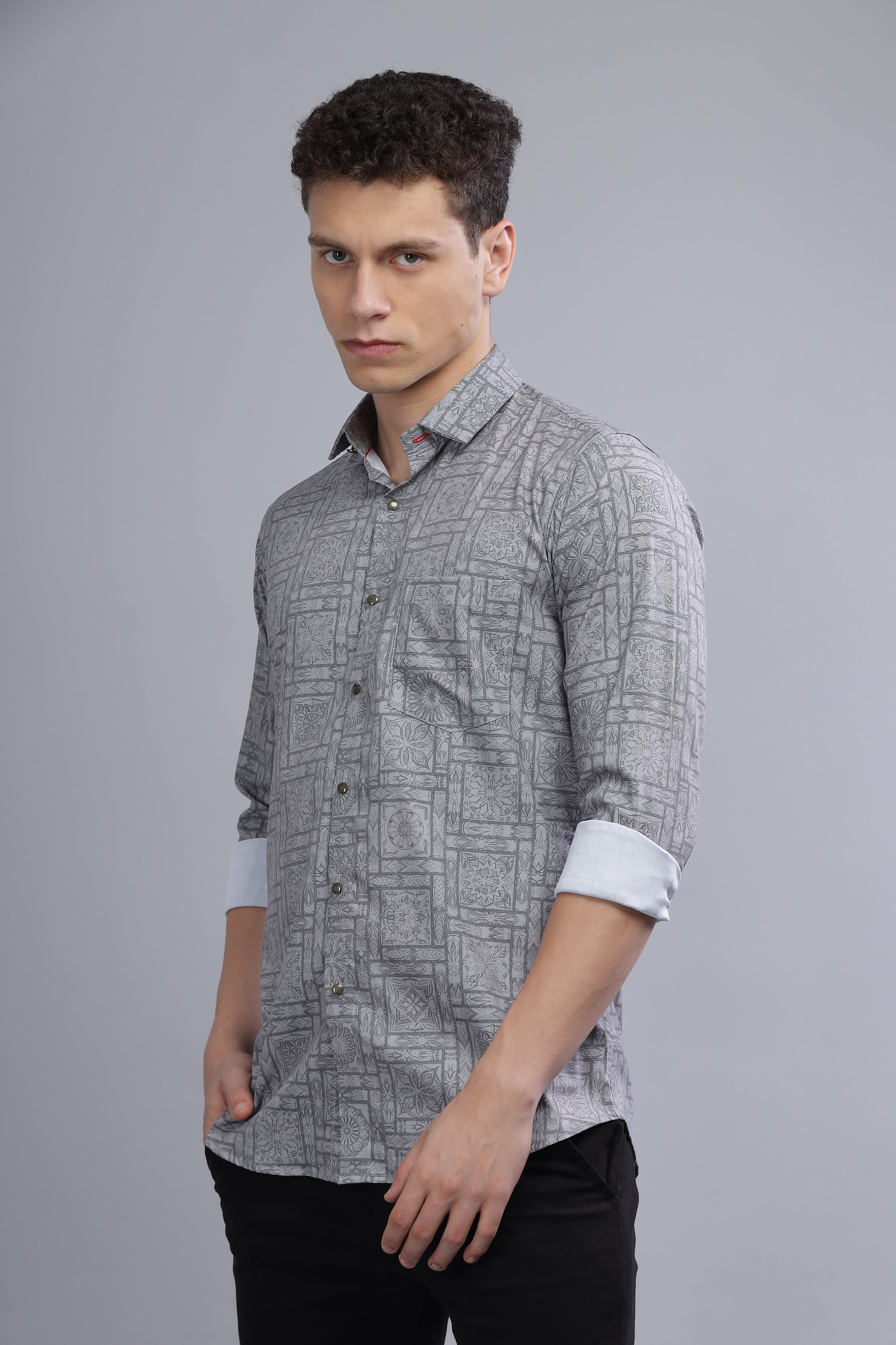 Digital Print Cotton Grey Blend Shirt